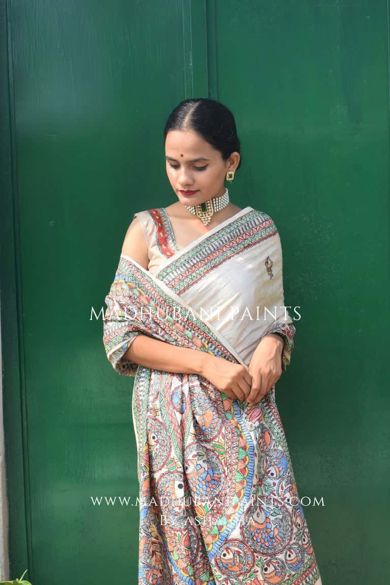 'MATSYA KACHNI' Handpainted Madhubani Tussar Silk Blouse — image 6 of 7
