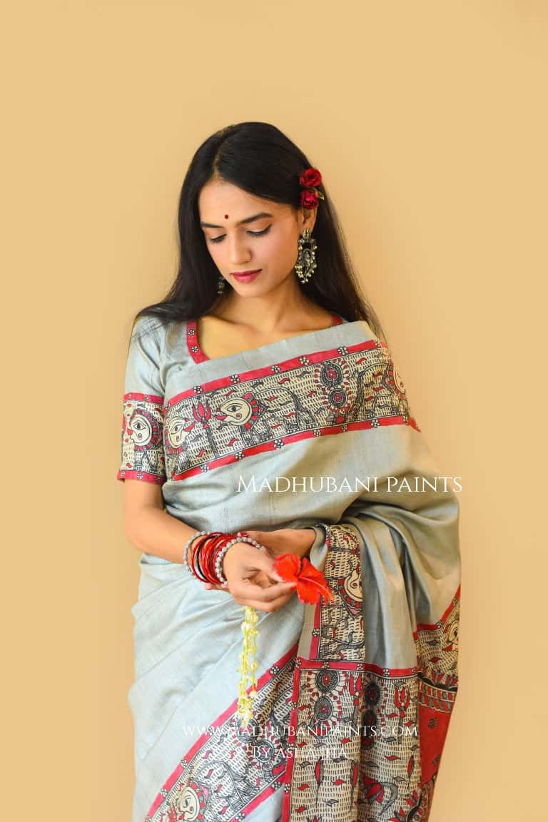 'RAJESHWARI' Handpainted Madhubani Tussar Silk Blouse — image 3 of 7