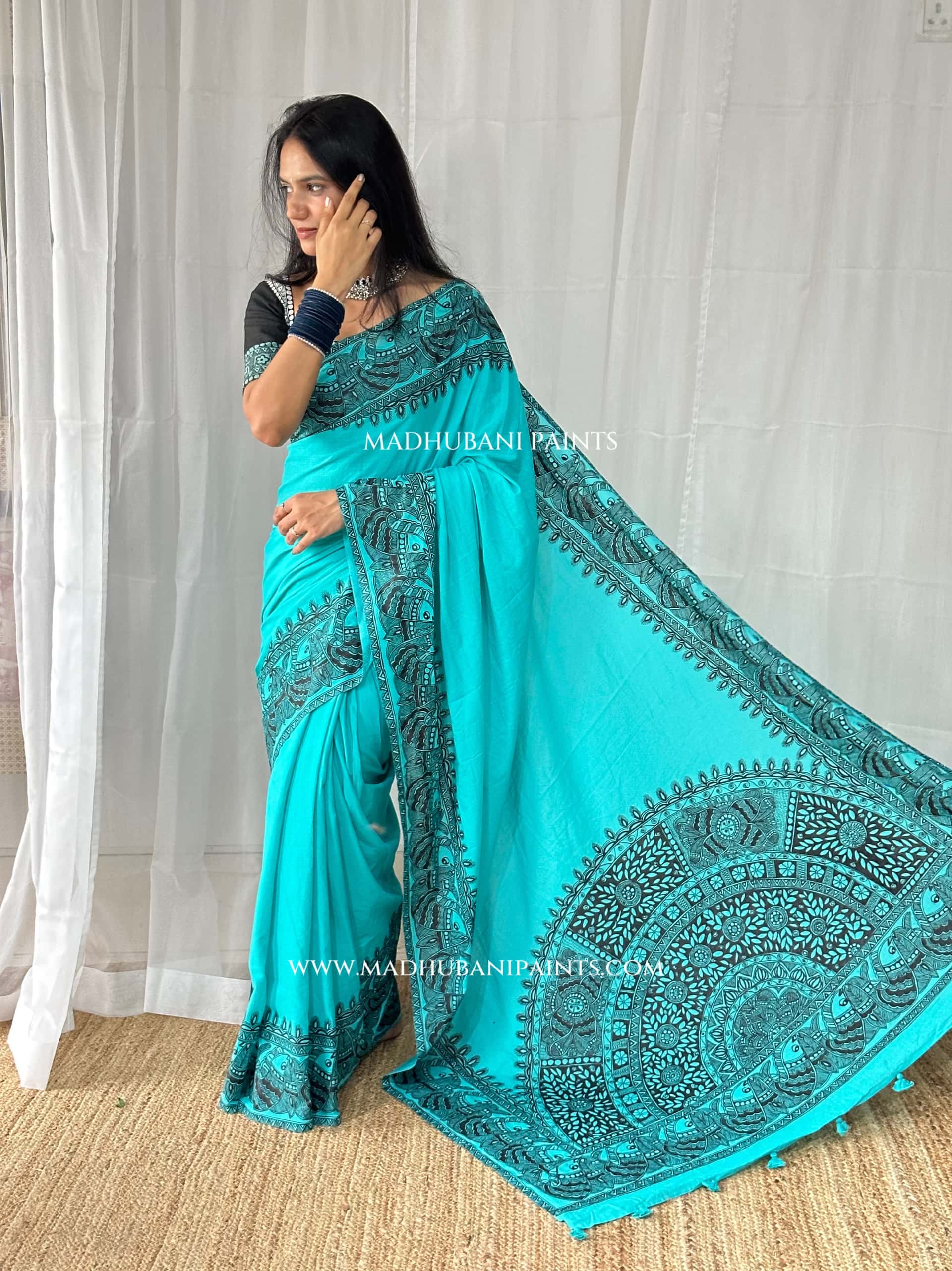 Aasmani Shringar Hand-painted Madhubani Painting Cotton Saree — image 8 of 10