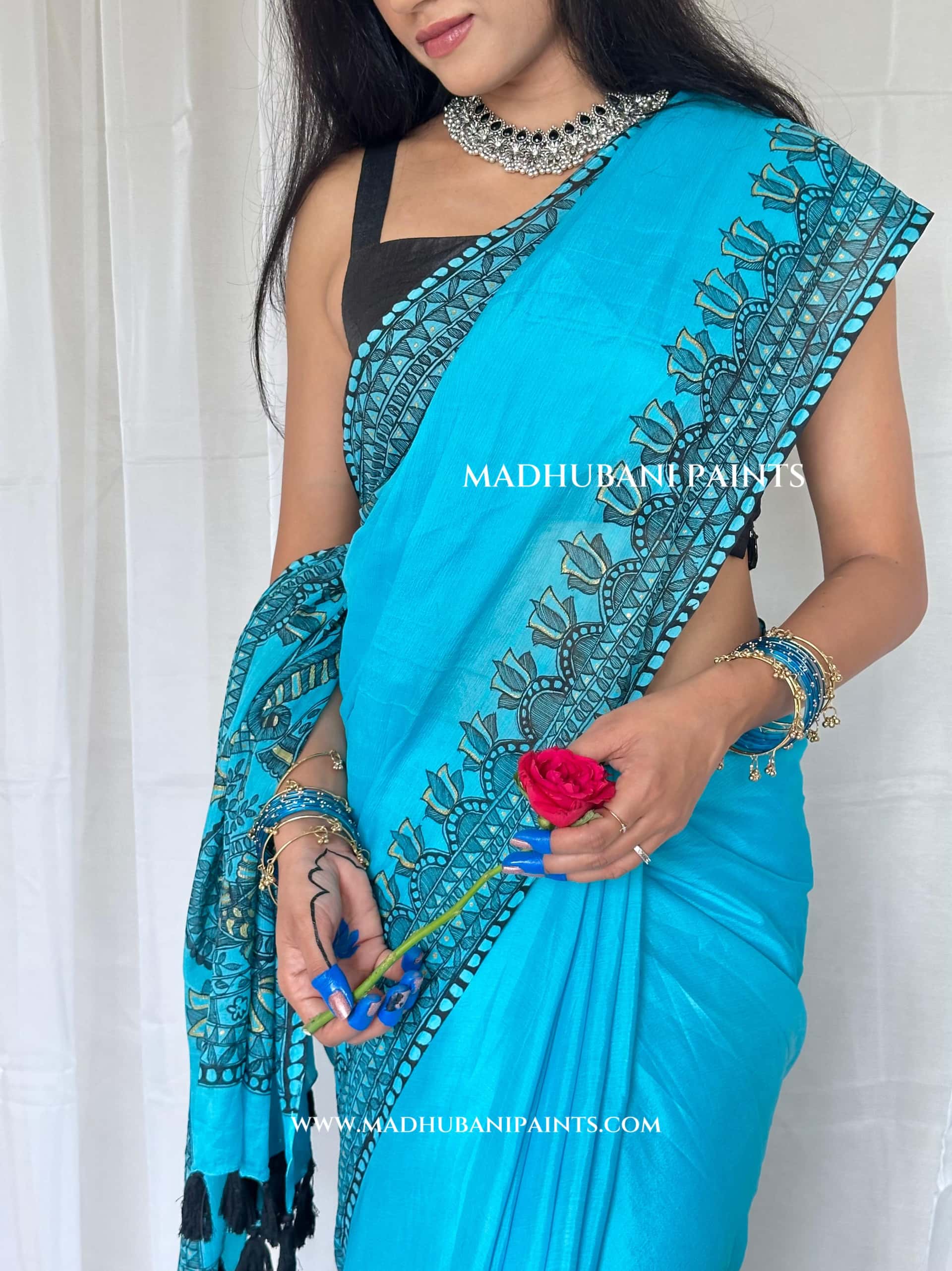 Aasmani Doli Hand-painted Madhubani Chiffon Saree — image 3 of 11