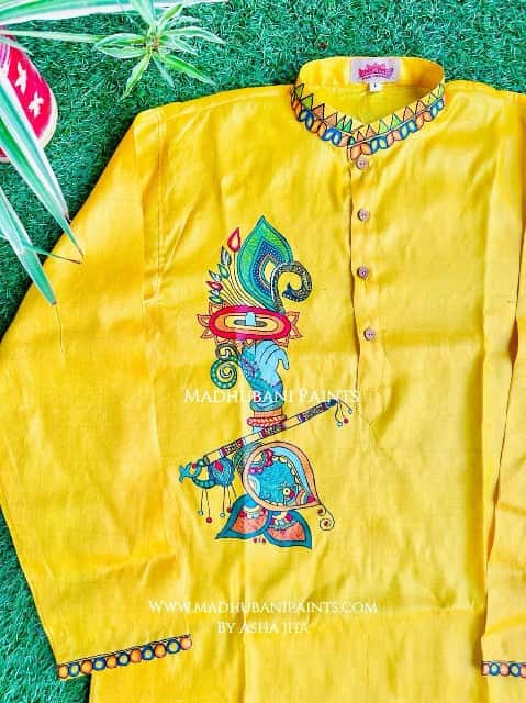 Yellow Krishna's Mor Paankh Hand-painted  Madhubani Men's Tussar Silk Kurta — image 2 of 4