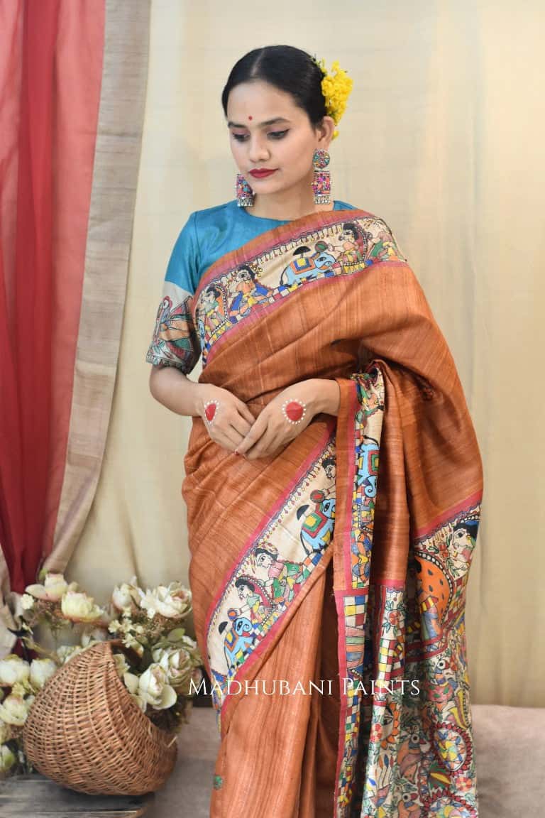 Rust Orange Kohbar Vivah Hand Painted Madhubani Tussar Silk Saree Blouse Set — image 3 of 6
