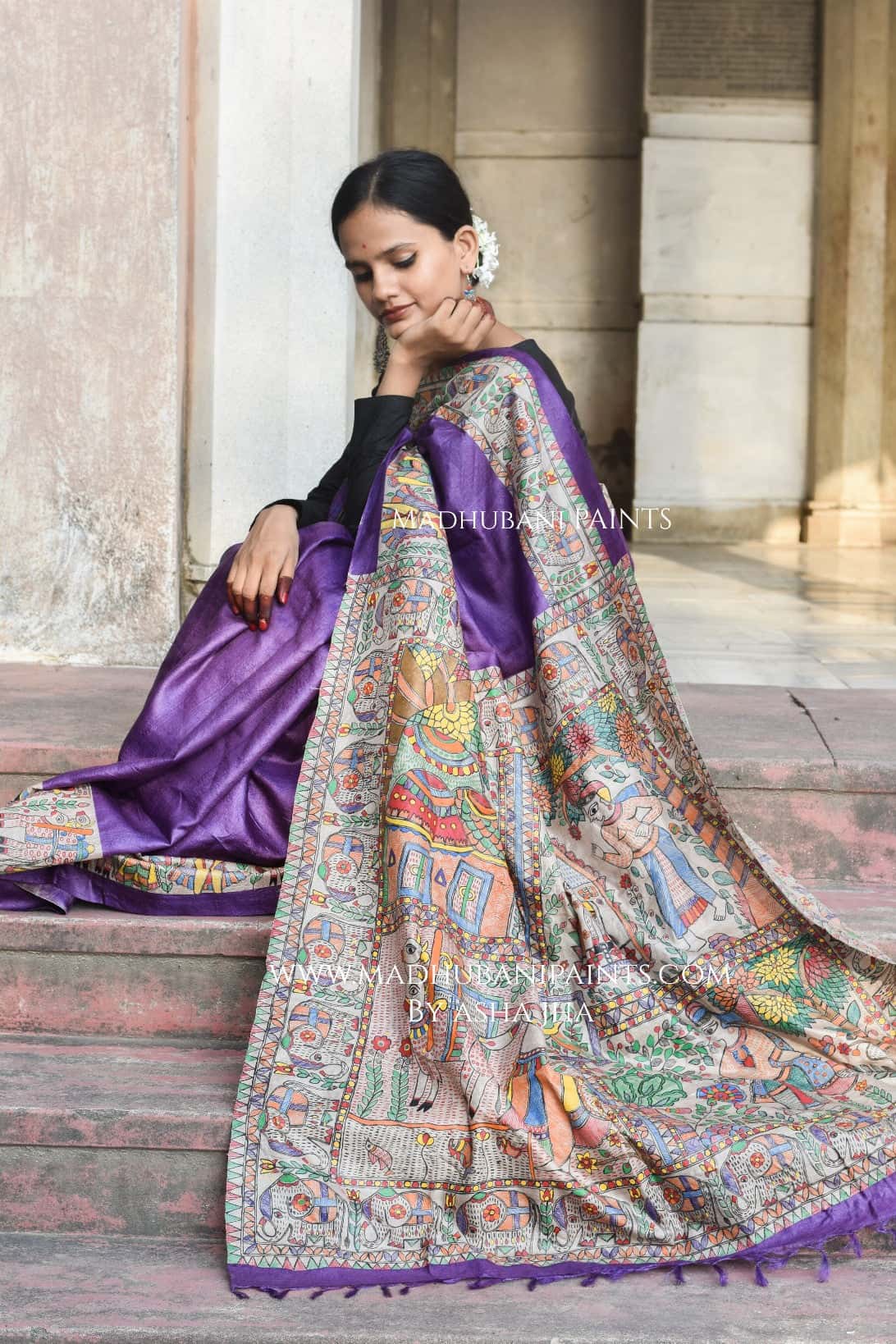 Gaon Ghaar Madhubani Hand-painted Tussar Silk Saree — image 3 of 7