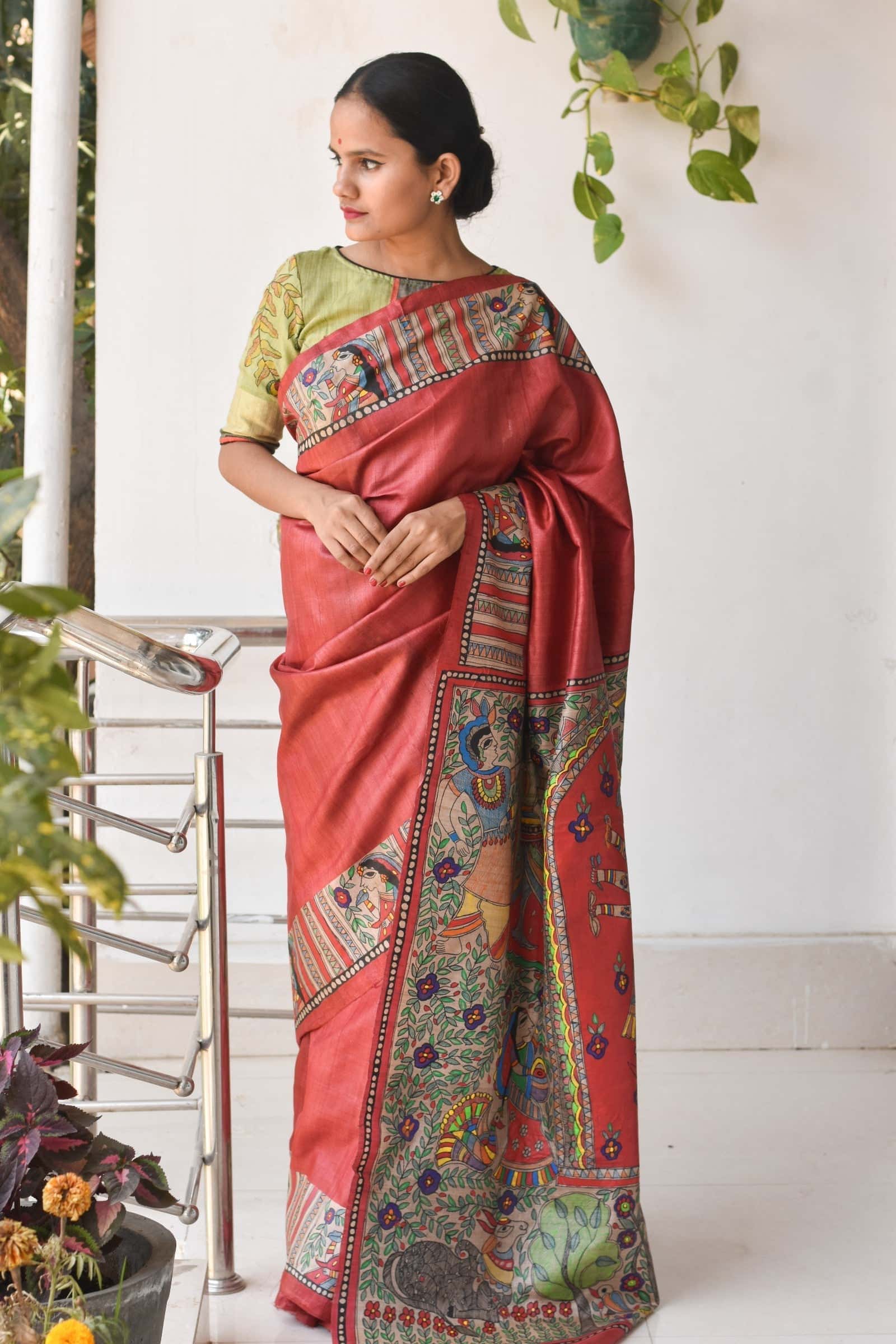 Durga Red Hand Painted Madhubani Saree — image 5 of 5
