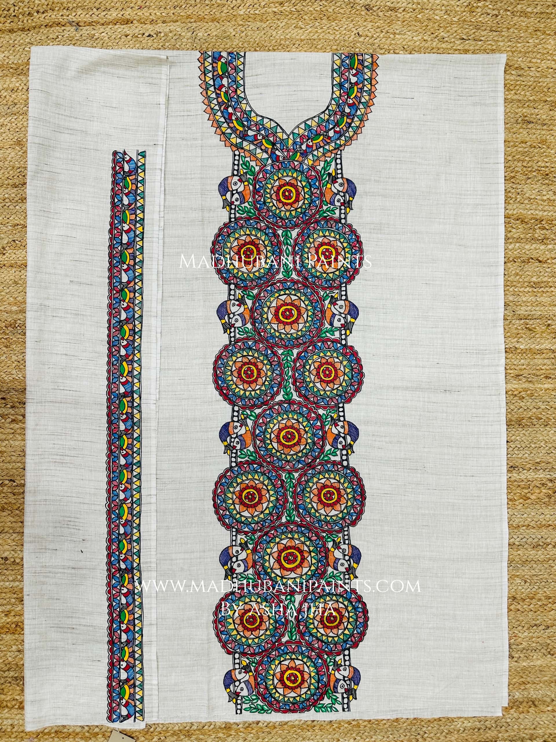 Macchli Phoolwari Hand-painted Madhubani Painting Cotton Unstitched Kurta — image 2 of 2