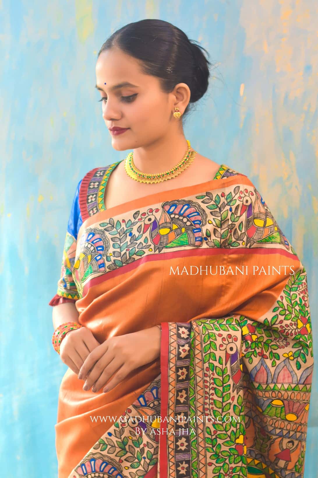'NARANGI DOLI' Hand Painted  Madhubani Tussar Silk Saree — image 2 of 5