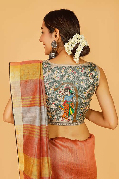 'Sita's Mithila Baag' Handpainted Madhubani Tussar Silk Blouse — image 2 of 7