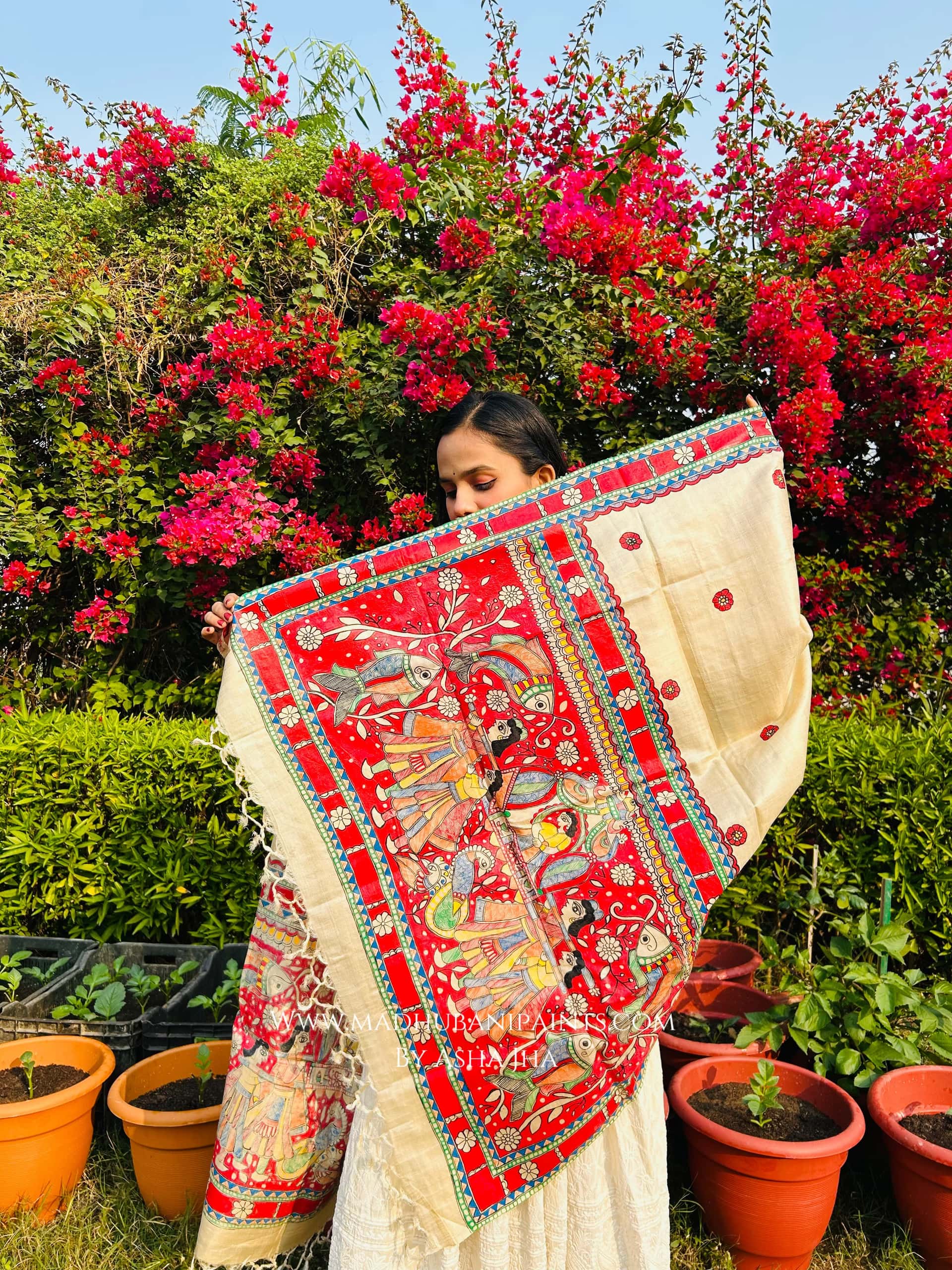 'DOli KA HAAR' Handpainted Madhubani Tussar Silk Dupatta — image 2 of 3