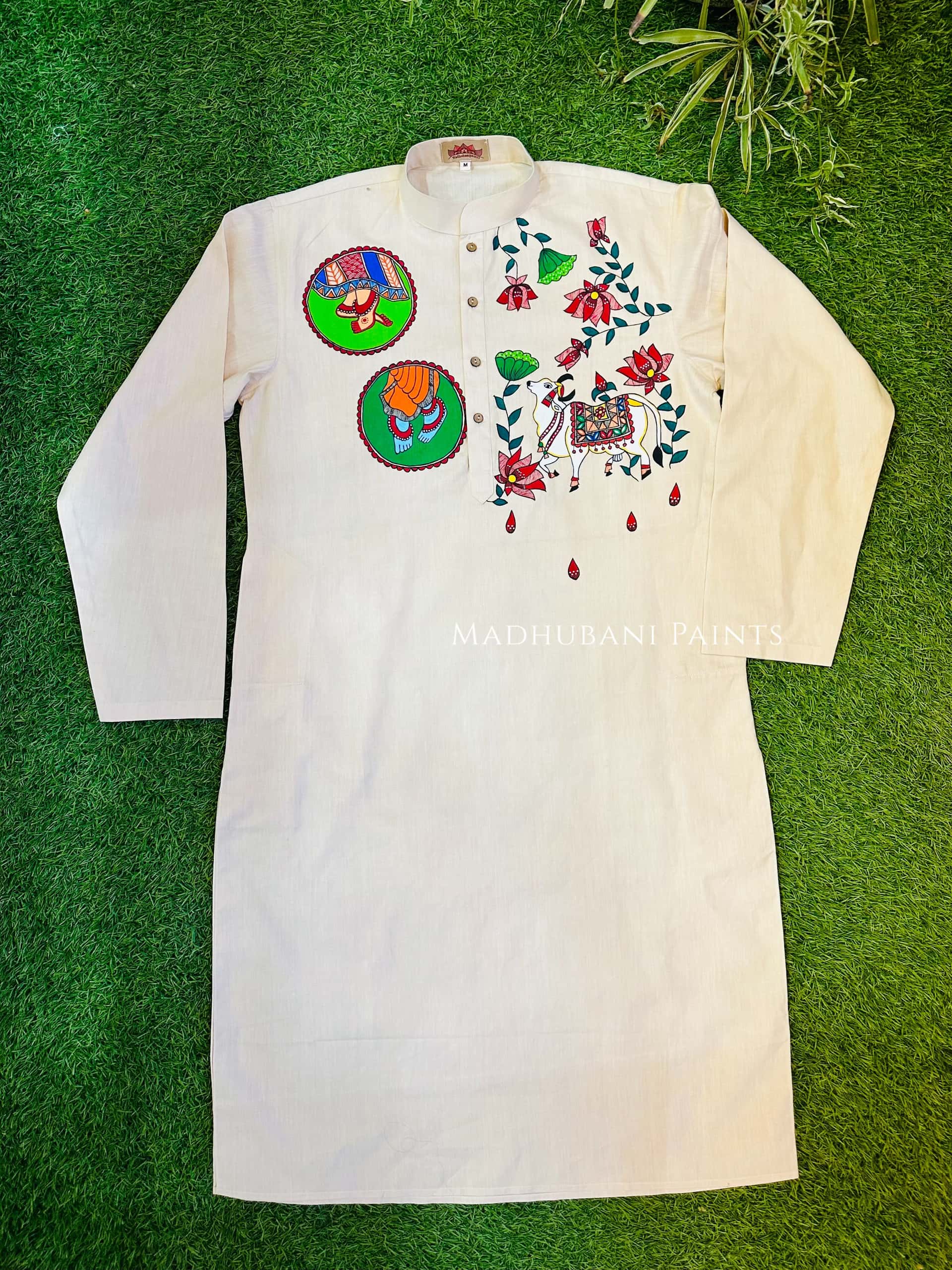 Radha Raman Nandi Hand-painted Handloom Men's Beige Cotton Kurta — image 3 of 4