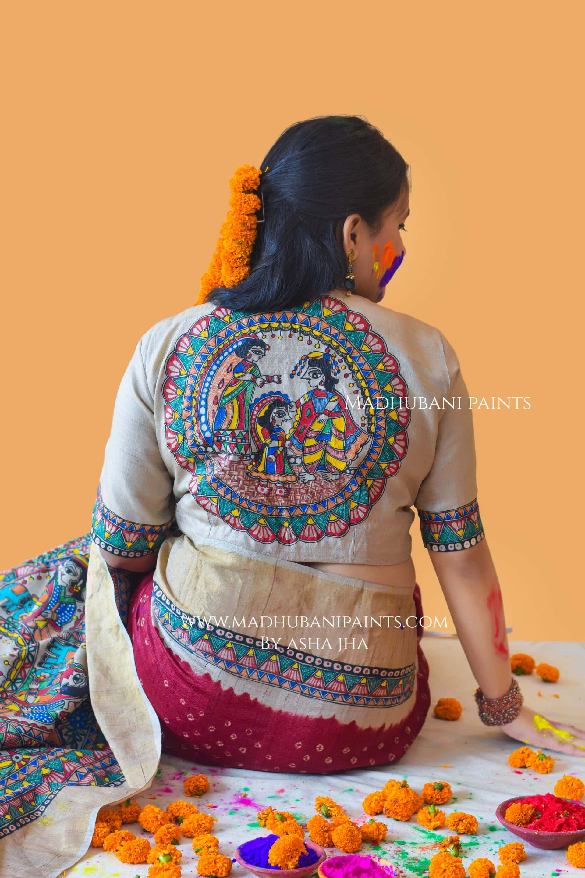 GAURI PUJA Hand-painted Madhubani Bandhini Tussar Silk Saree Blouse Set — image 8 of 10