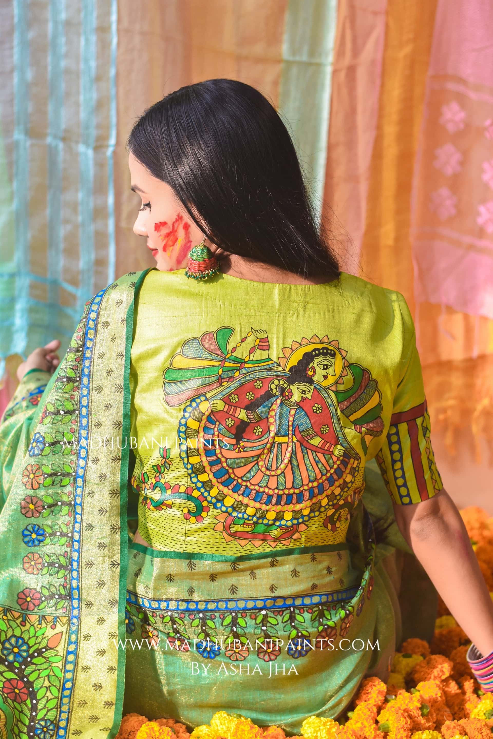 VASANTI Hand-painted Madhubani Tissue Linen Saree Blouse Set — image 3 of 10