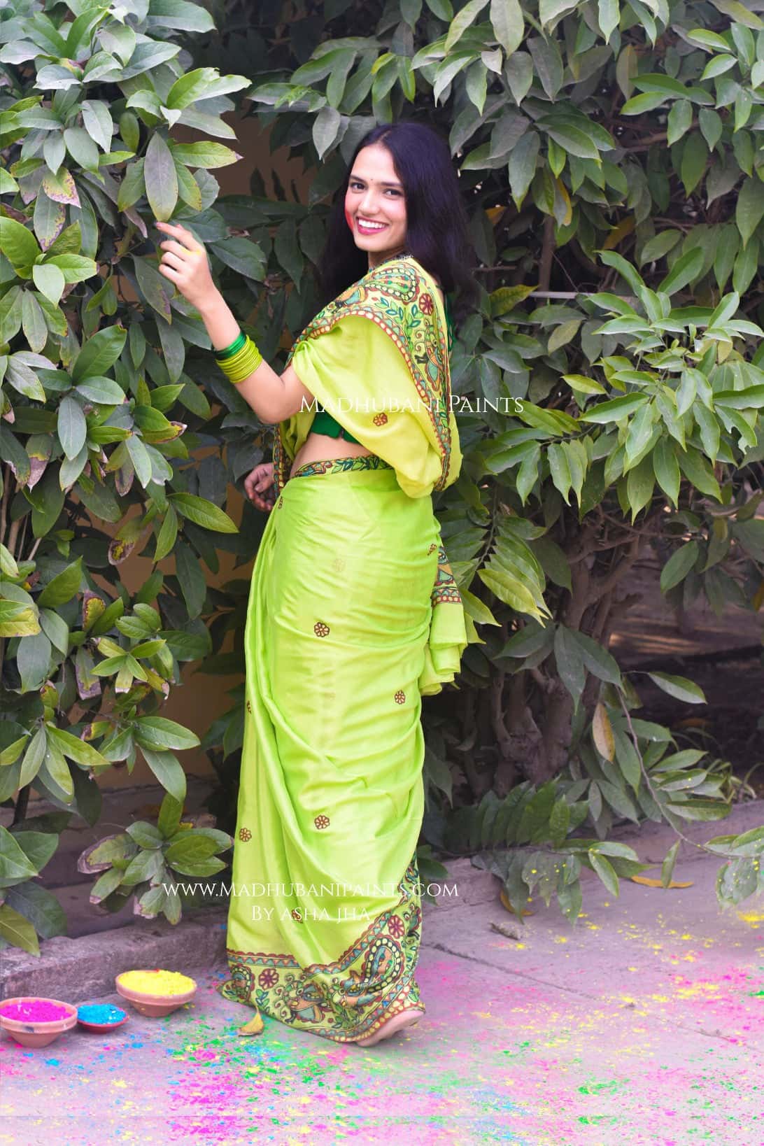 MADHUMAS Hand-painted Madhubani Chiffon Saree Blouse Set — image 4 of 13