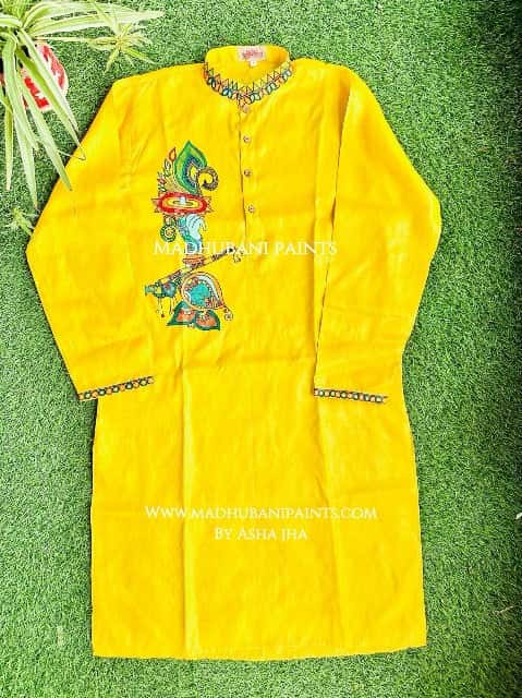 Yellow Krishna's Mor Paankh Hand-painted  Madhubani Men's Tussar Silk Kurta — image 3 of 4