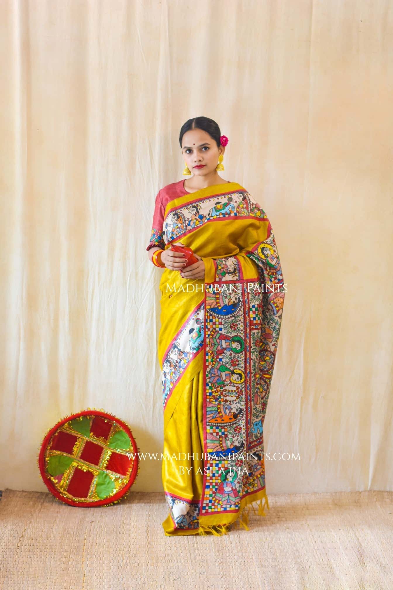 Mithila Kohbar Hand Painted Madhubani Tussar Silk Saree Blouse — image 2 of 10