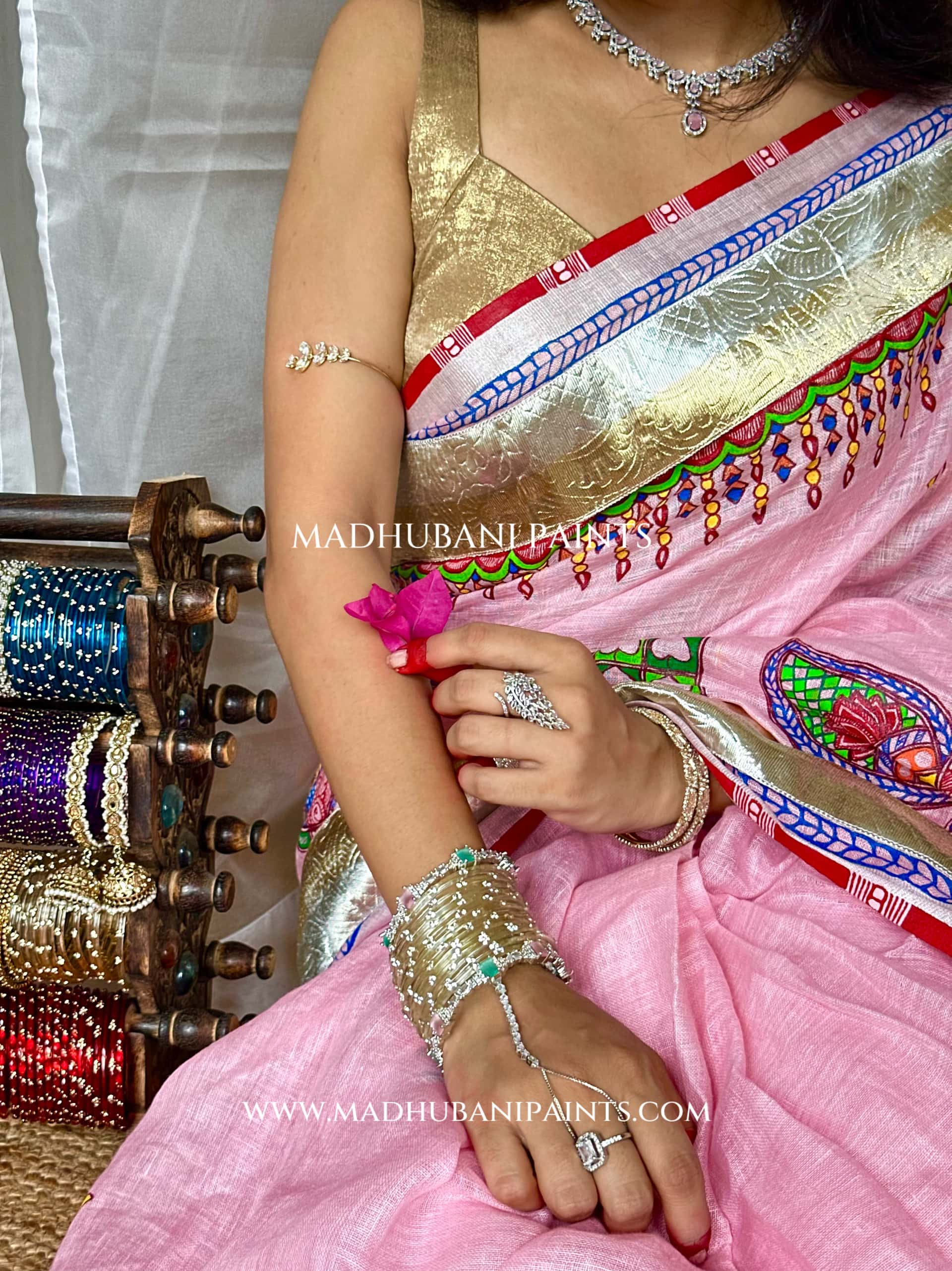 Gulabi Bridal Hand-painted Madhubani Painting Saree Blouse Set — image 3 of 10