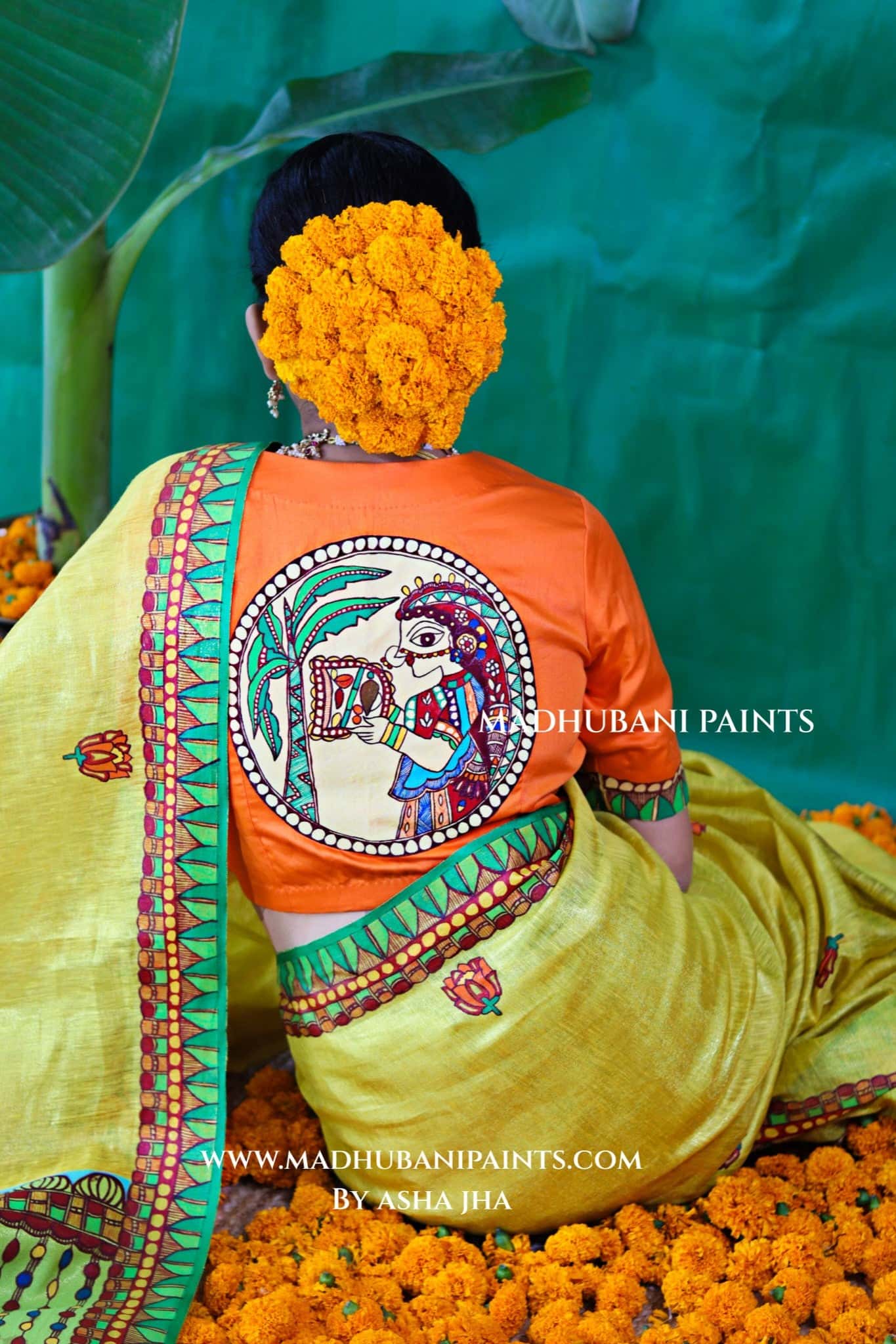 VRATI Chhath Puja Handpainted Madhubani Tissue Linen Saree Blouse Set — image 2 of 15