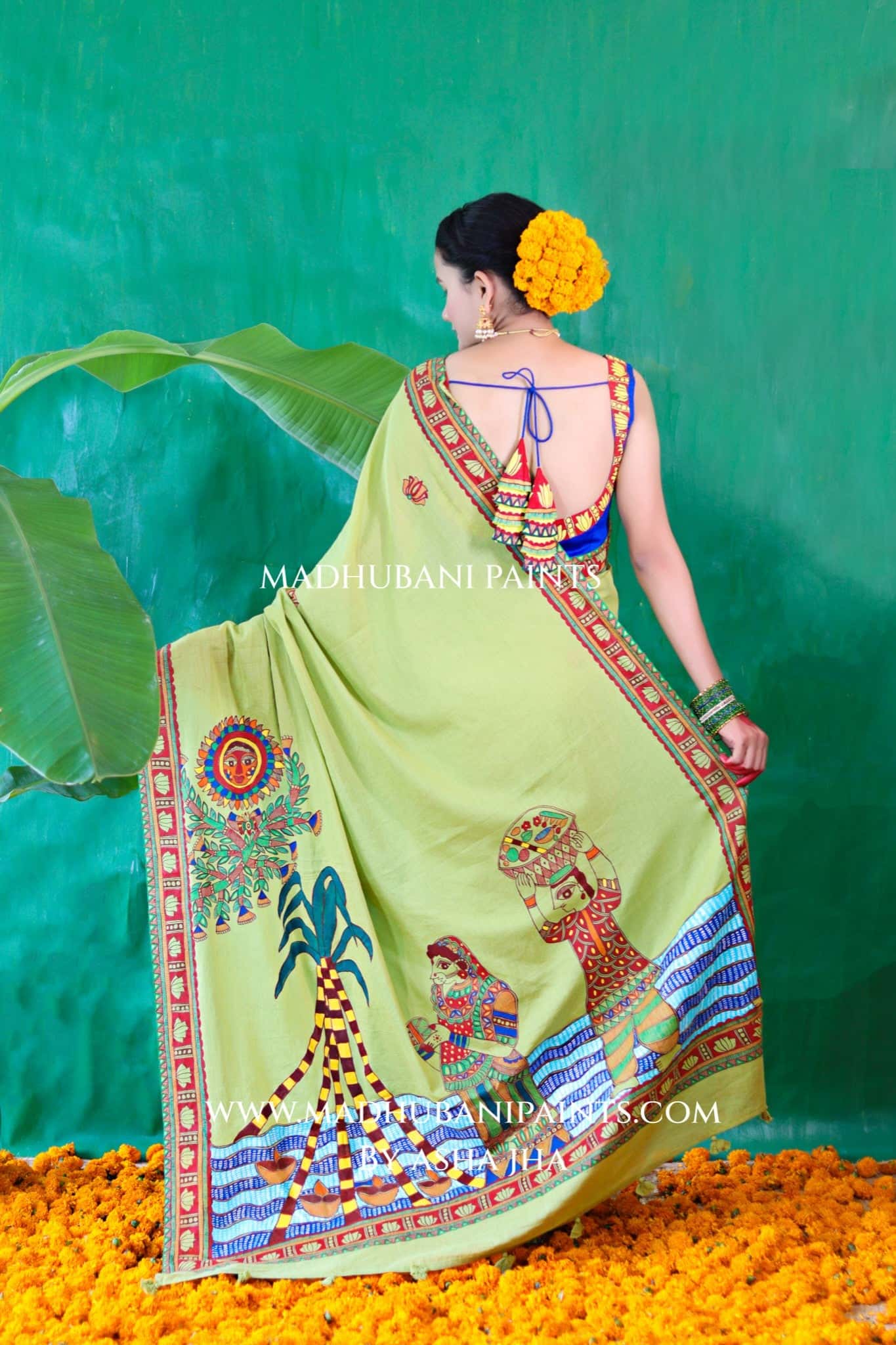 BHAKTI BHAVA Chhath Puja Hand painted Madhubani Cotton Saree — image 11 of 13