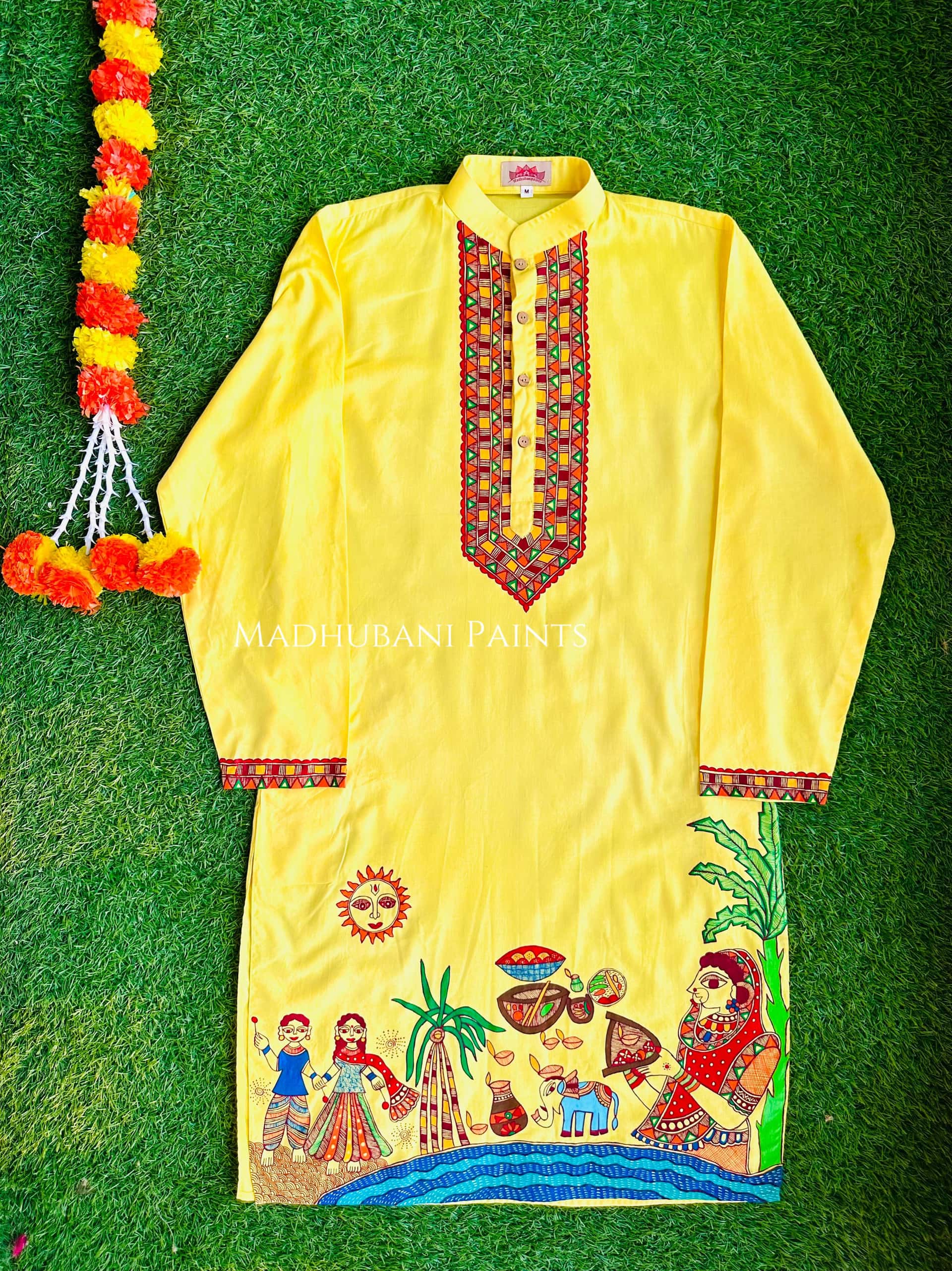 Yellow Chhath Puja Hand-painted  Madhubani Men's Cotton Kurta — image 5 of 8