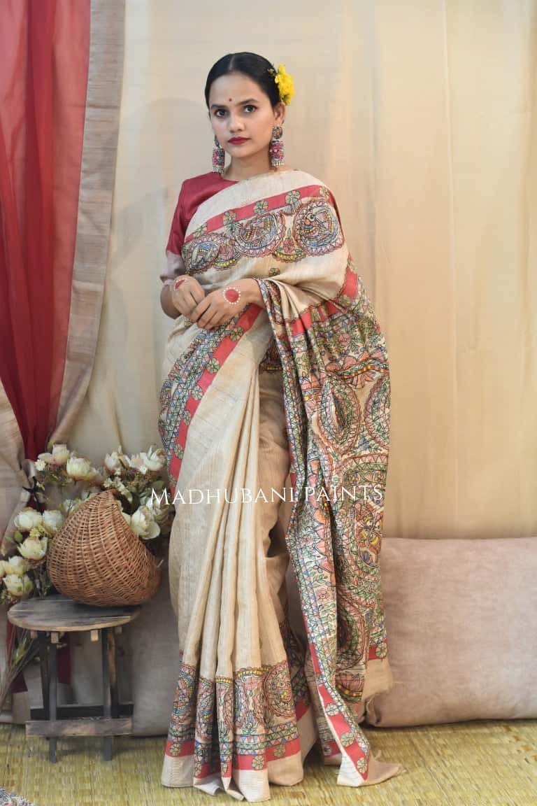 Peacock Tussar Madhubani Painted Saree — image 4 of 6