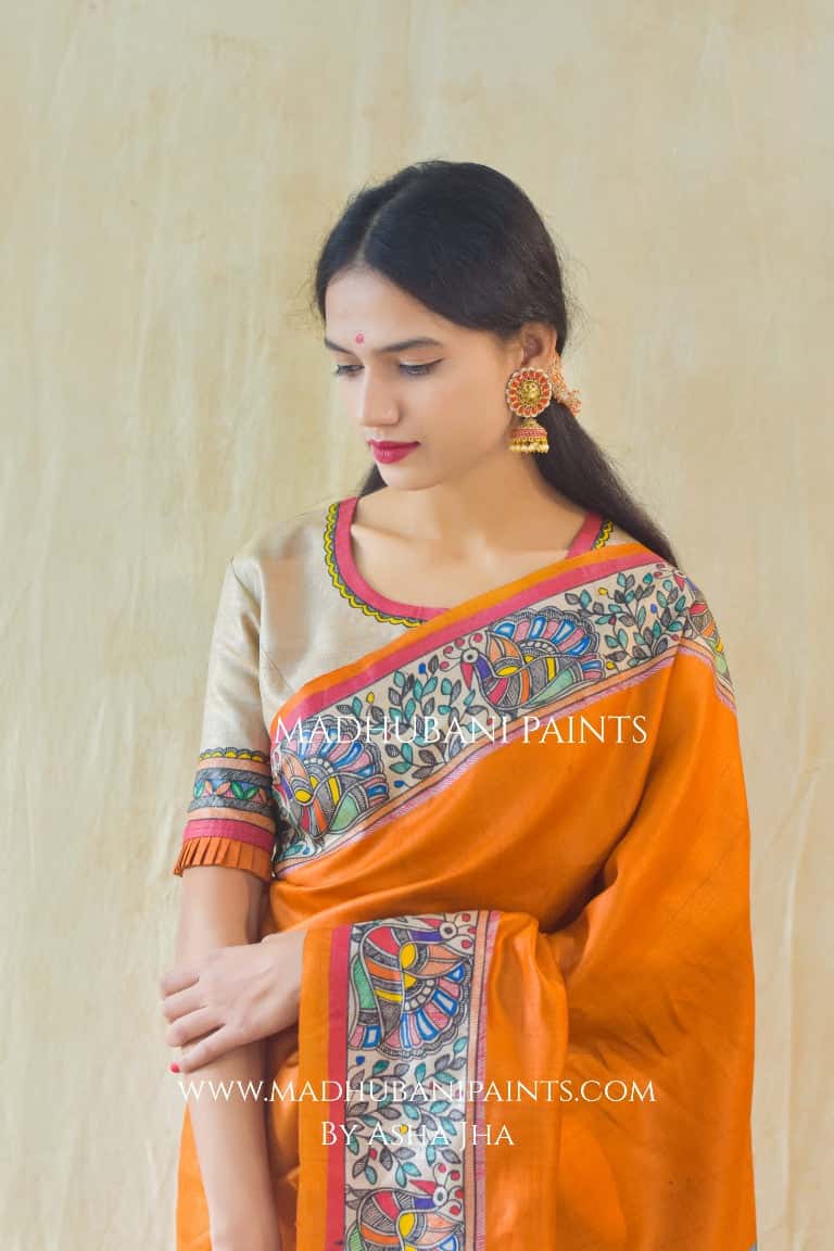 'SITA RAM' Handpainted Madhubani Tussar Silk Blouse — image 4 of 7