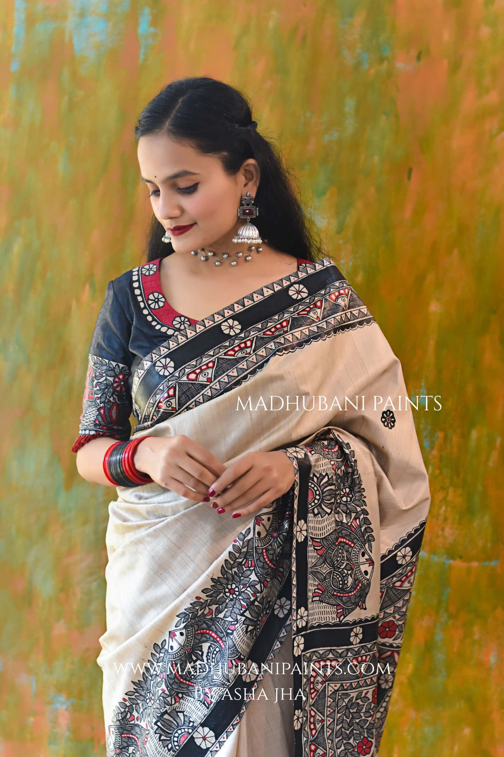 'SAGARIKA' Hand-painted Madhubani Tussar Silk Saree Blouse Set — image 4 of 8