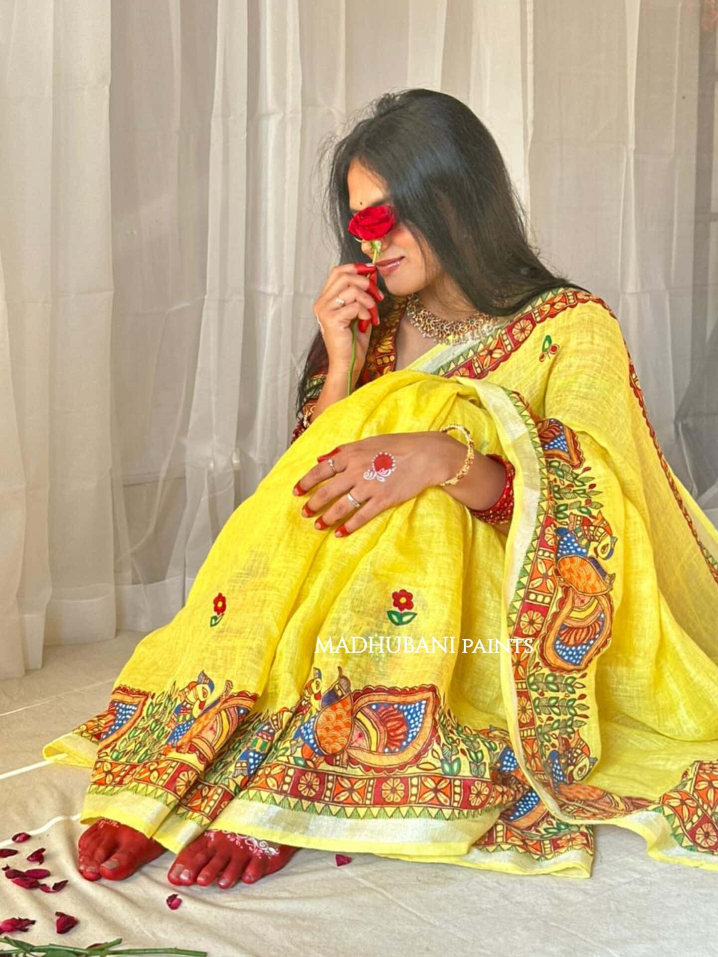 Linen Bridal Hand-painted Madhubani Painting Saree Blouse Set — image 8 of 10