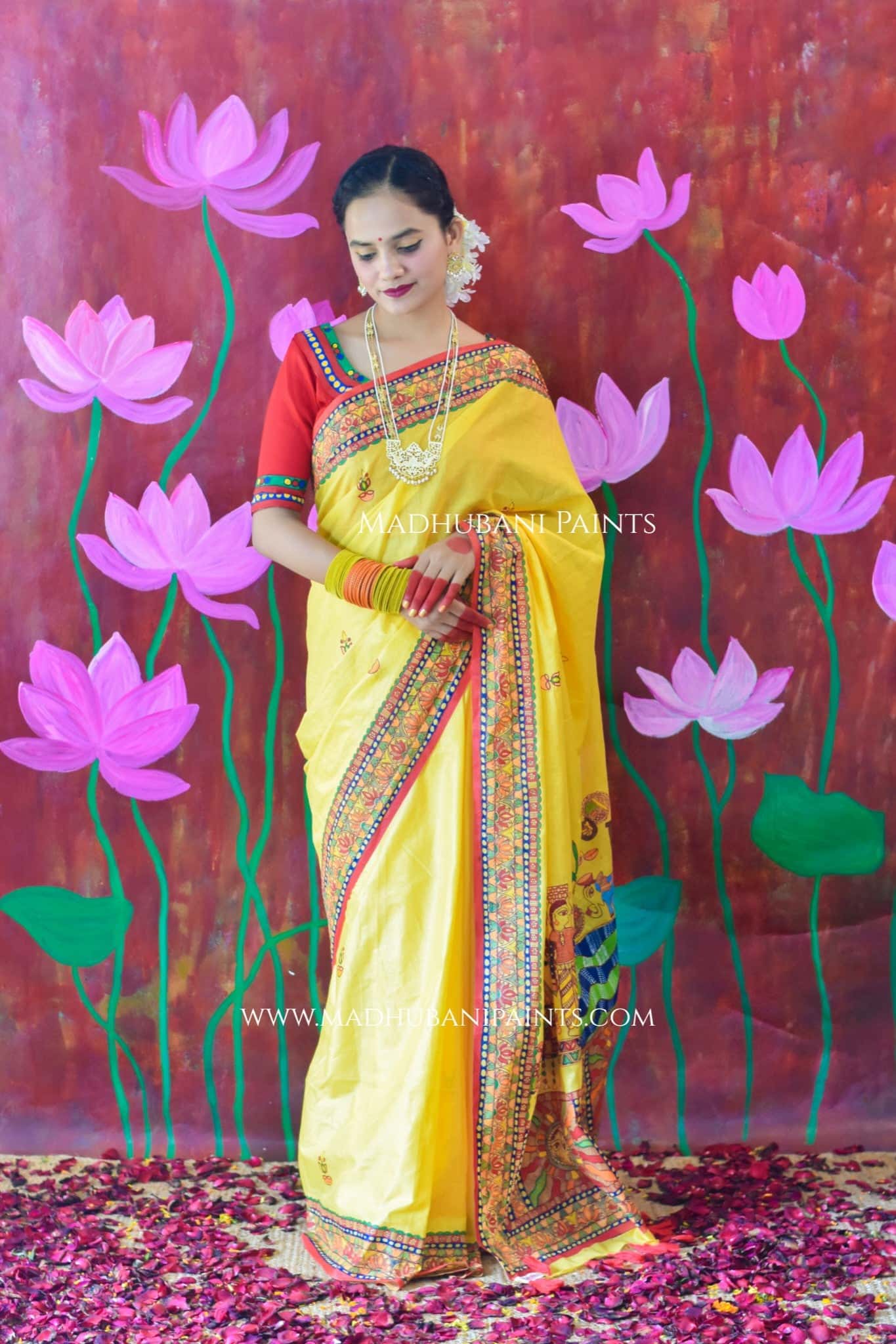 Surya Kiran Chhath Puja Hand painted Madhubani Cotton Saree — image 4 of 8