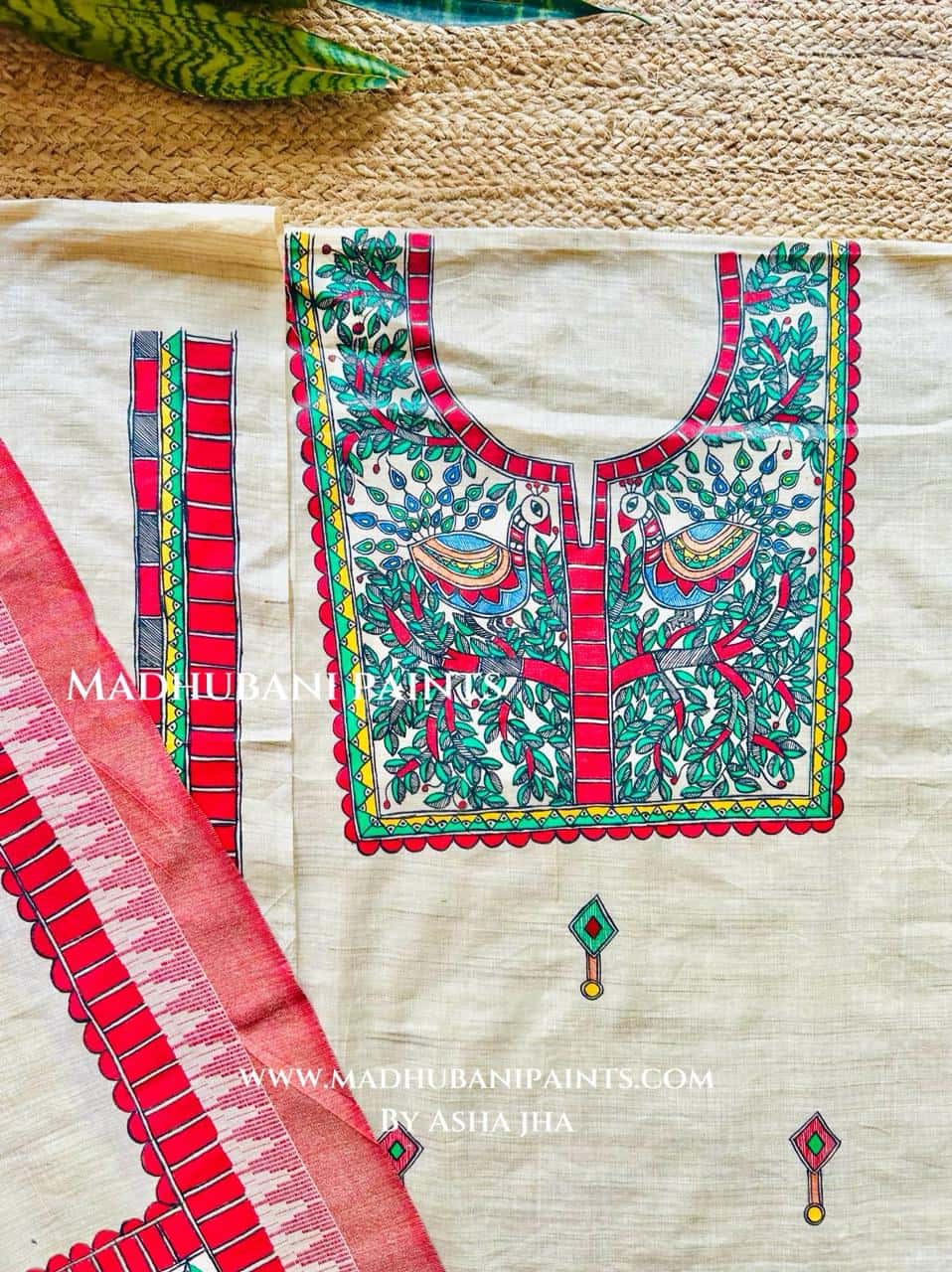 Laal Mayuri Hand-painted Madhubani Painting Cotton Unstitched Kurta Pant Dupatta Set — image 2 of 4