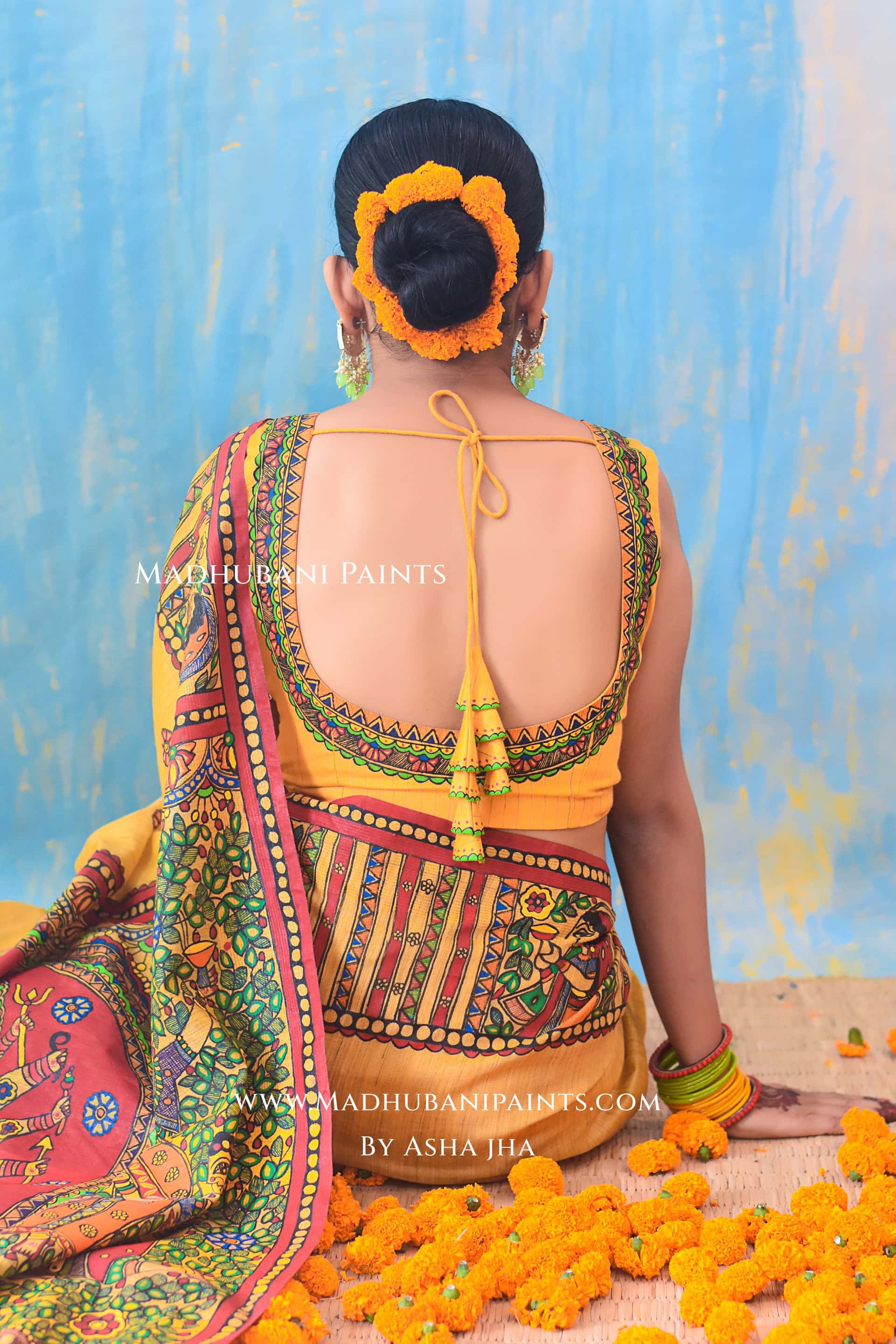 KAMESHWARI Madhubani Hand-painted Chanderi Silk Saree Blouse Set — image 5 of 11
