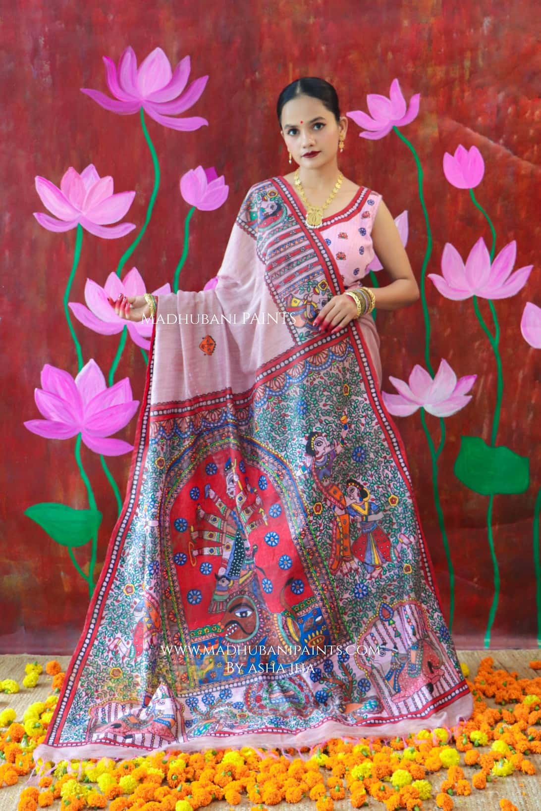 'BHARGAVI' Handpainted Madhubani CHANDERI Saree Blouse Set — image 8 of 11