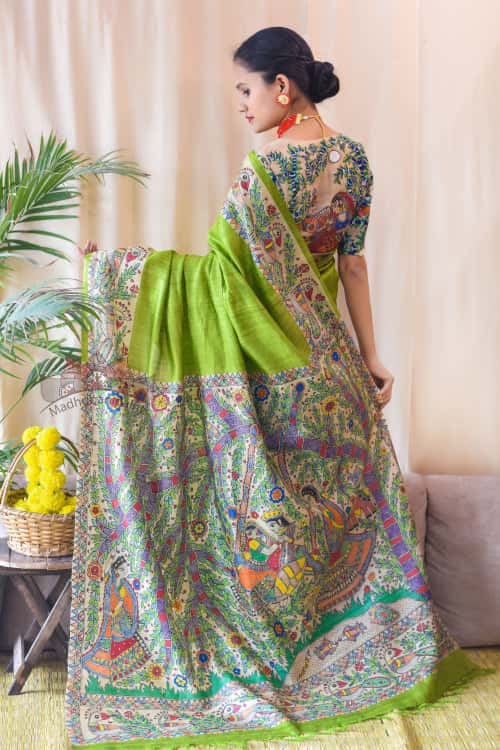 'MANMOHANA RADHA KRISHNA' Handpainted Madhubani Tussar Silk Saree Blouse Set — image 2 of 9