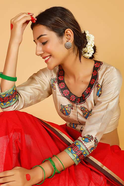 'Tripura' Handpainted Madhubani Tussar Silk Blouse — image 3 of 7