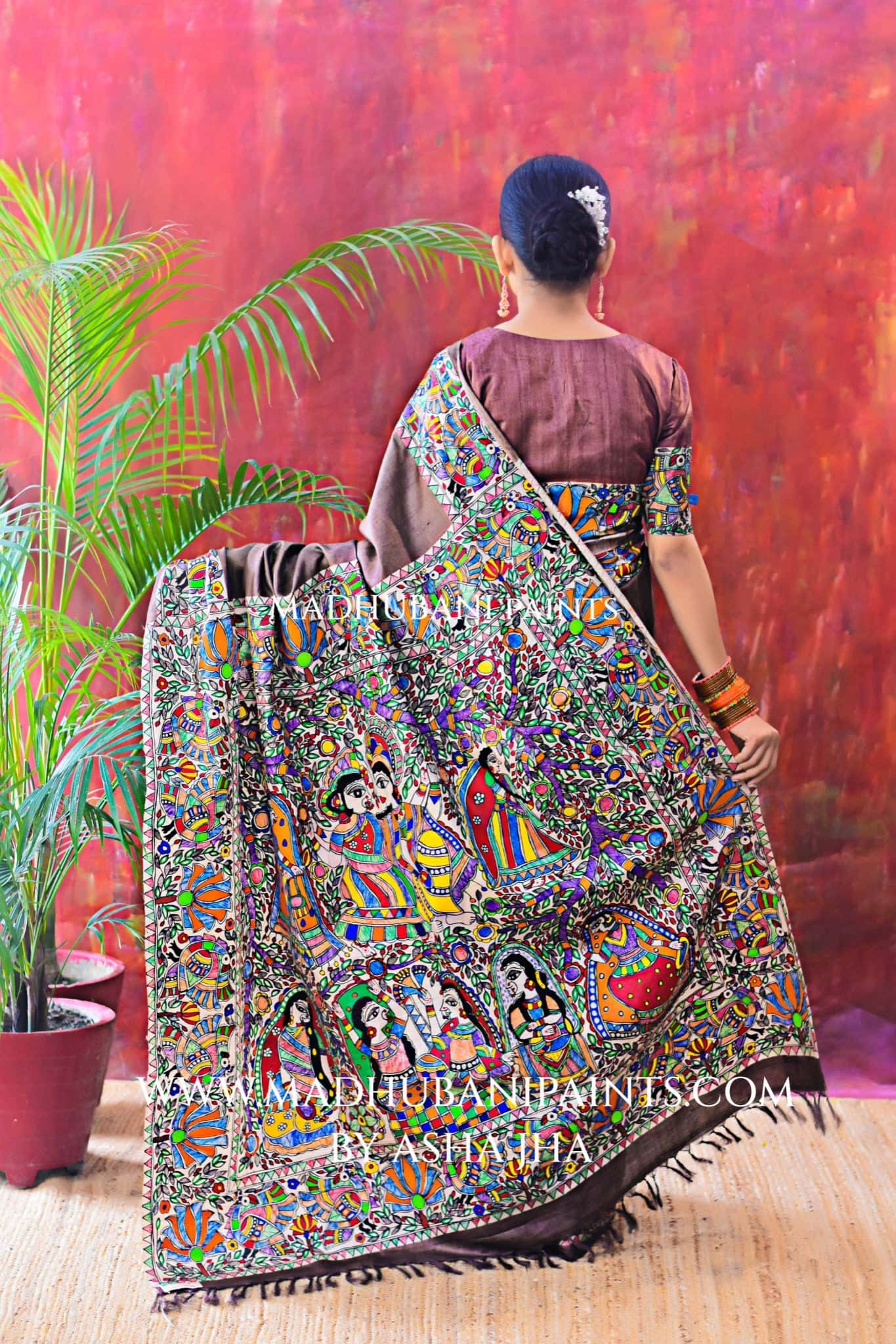 RADHA KRISHNA VRINDAVAN Hand-painted Madhubani Tussar Silk Saree — image 2 of 6