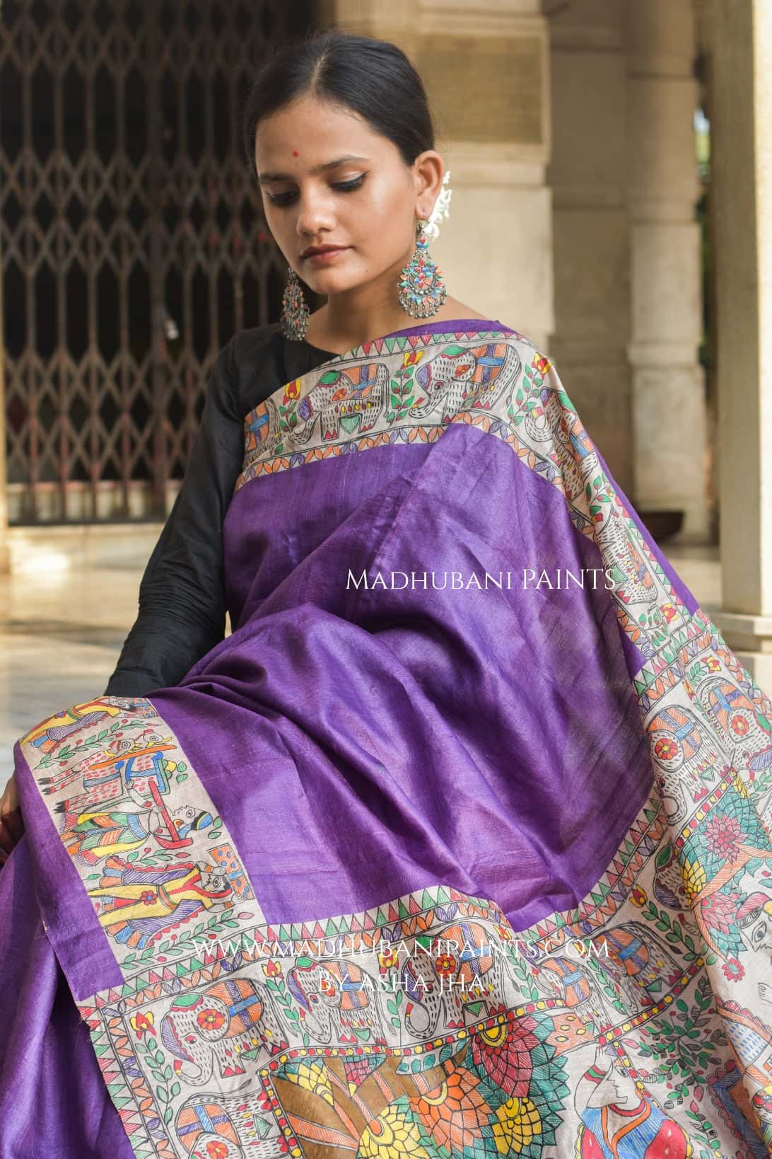 Gaon Ghaar Madhubani Hand-painted Tussar Silk Saree — image 4 of 7