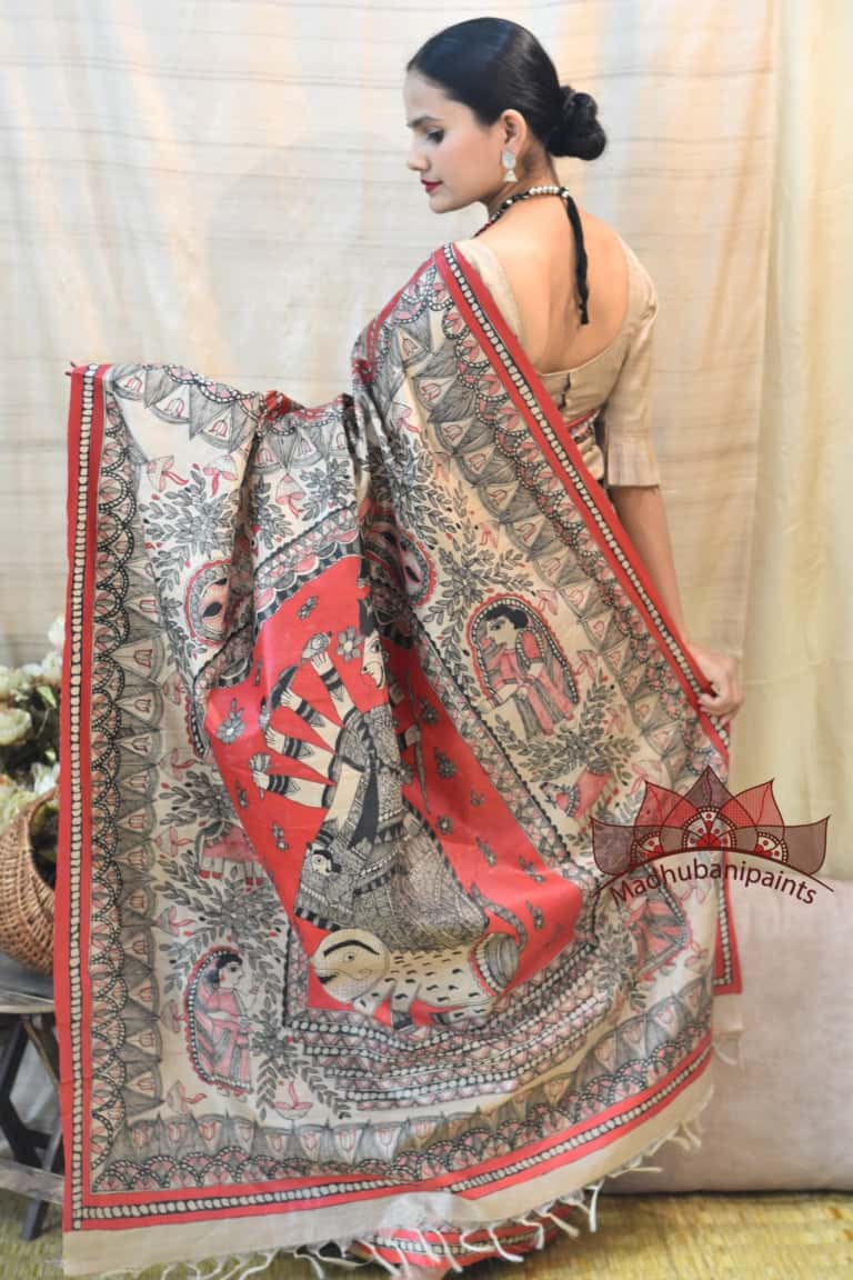 Maa Durga Red Black Hadpainted Tussar Saree — image 4 of 6
