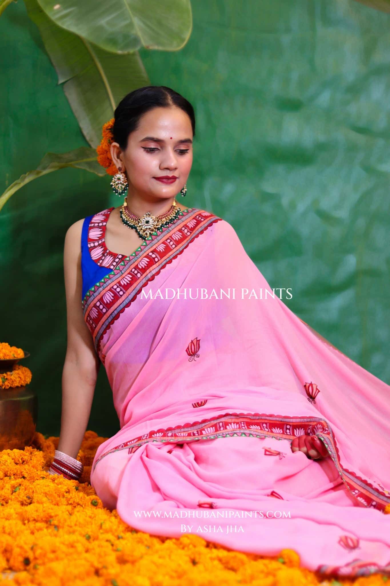 GULABI BHAKTI BHAVA Chhath Puja Hand painted Madhubani Georgette Saree Blouse Set — image 4 of 10