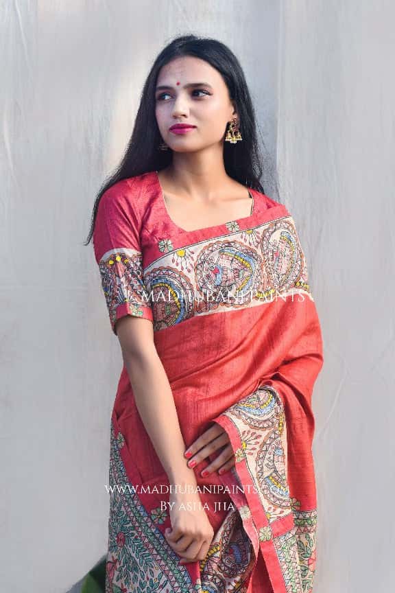 'MITHILA MAYURI' Handpainted Madhubani Tussar Silk Saree Blouse Set — image 3 of 10