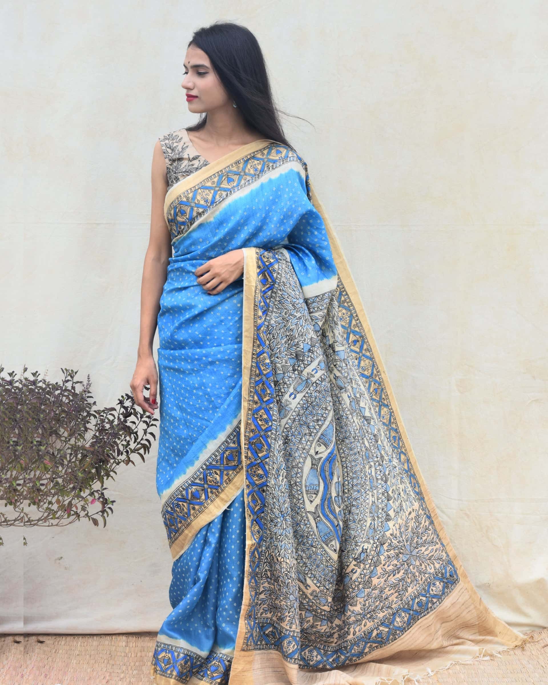 'AASMANI' Madhubani Hand-painted Bandhani Tussar Silk Saree — image 7 of 7