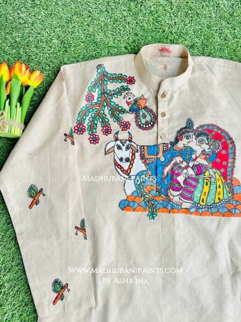 Radha Krishna Hand-painted Beige Handloom Men's Cotton Kurta — image 2 of 5
