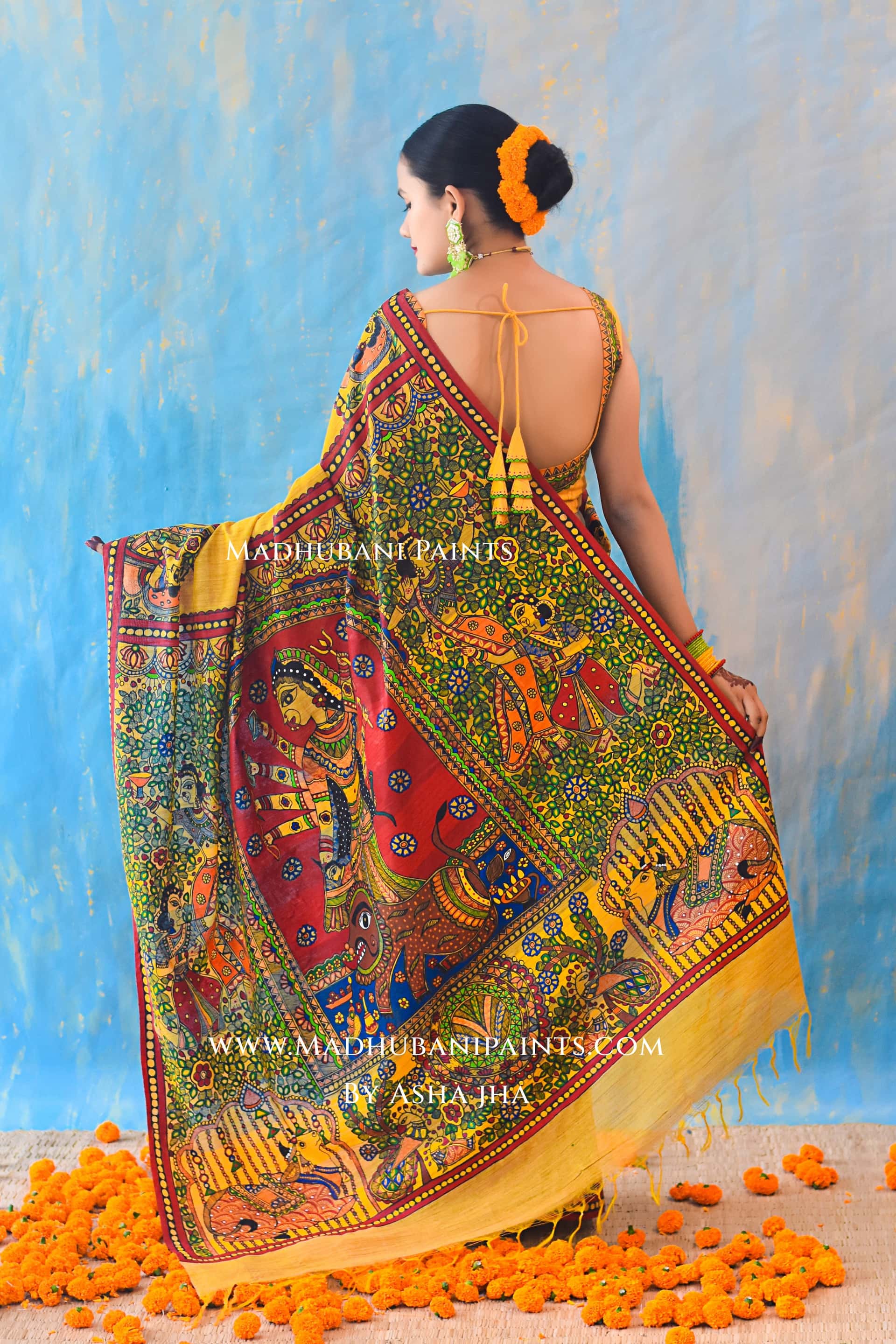 KAMESHWARI Madhubani Hand-painted Chanderi Silk Saree Blouse Set — image 3 of 11