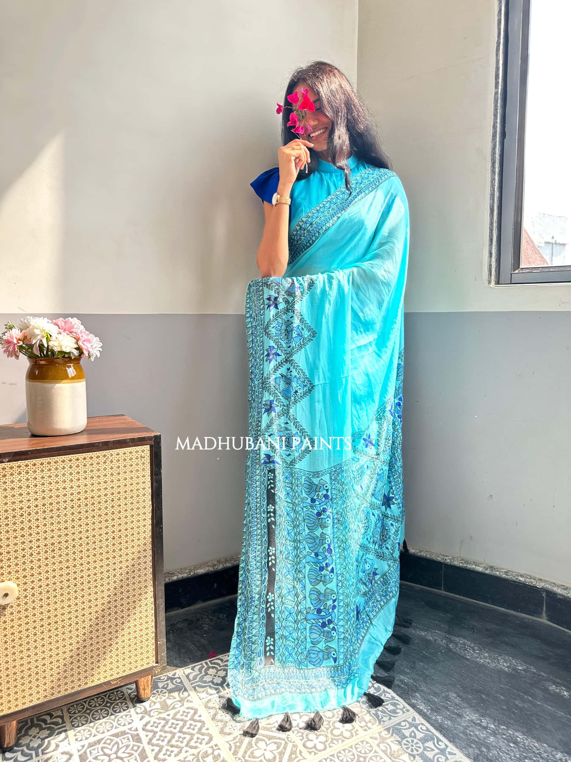 NEELAMBARI Hand-painted Madhubani Chiffon Saree Blouse Set — image 8 of 11