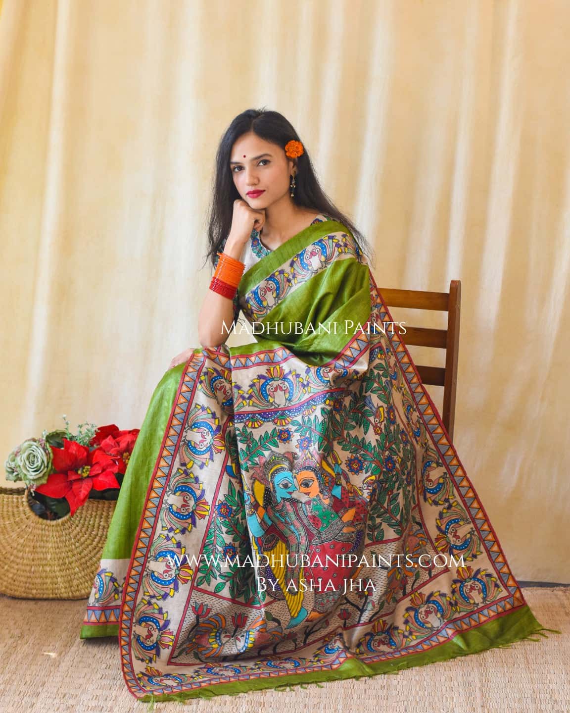 RADHA SANG KRISHNA Handpainted Madhubani Tussar Silk Saree Blouse — image 8 of 9
