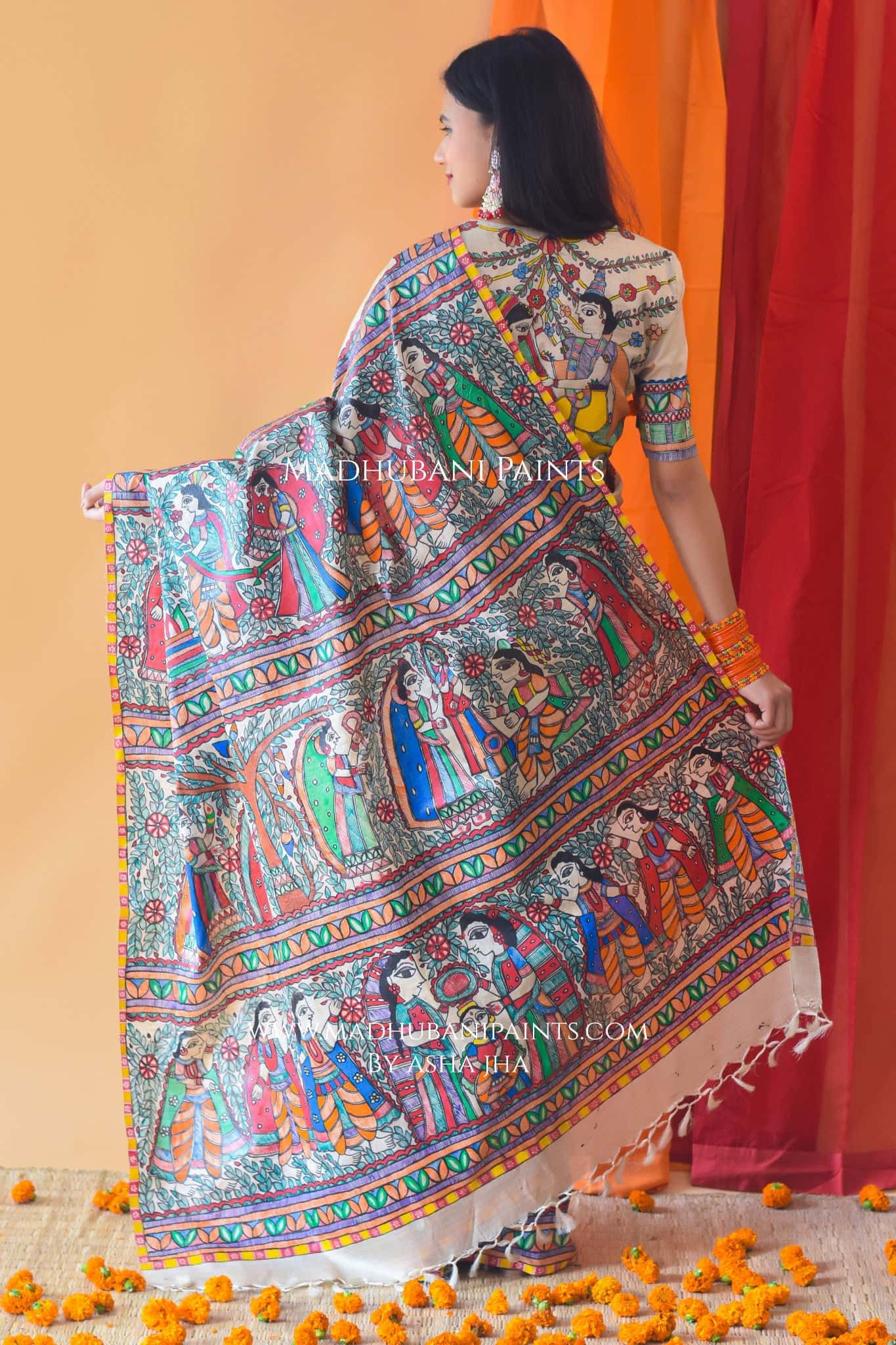 MITHILANCHAL VIVAH Hand-painted Madhubani Tussar Silk Saree Blouse Set — image 2 of 10
