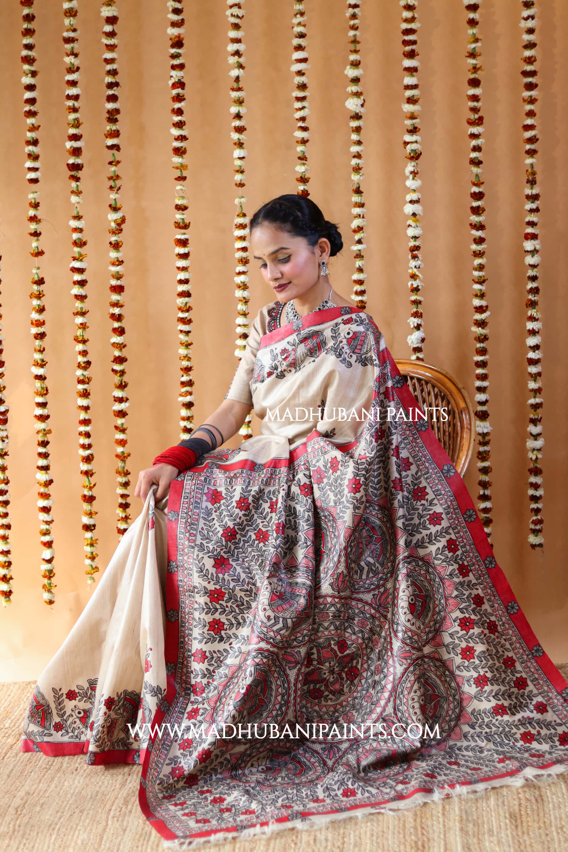 'MORNI' Handpainted Madhubani Tussar Silk Saree — image 5 of 8