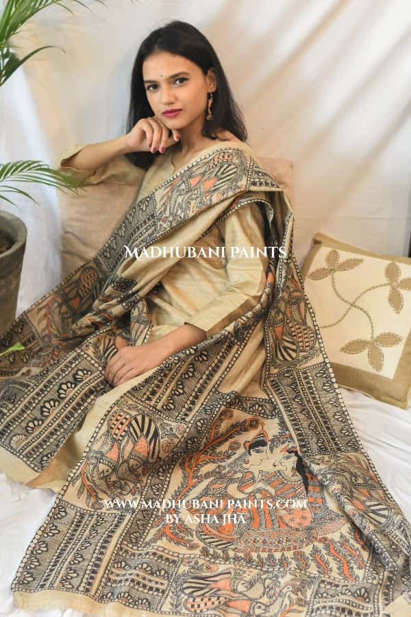 'Flowers of Mithila - Raas Leela of Radha Krishna' Handpainted Tussar Silk Dupatta — image 3 of 3