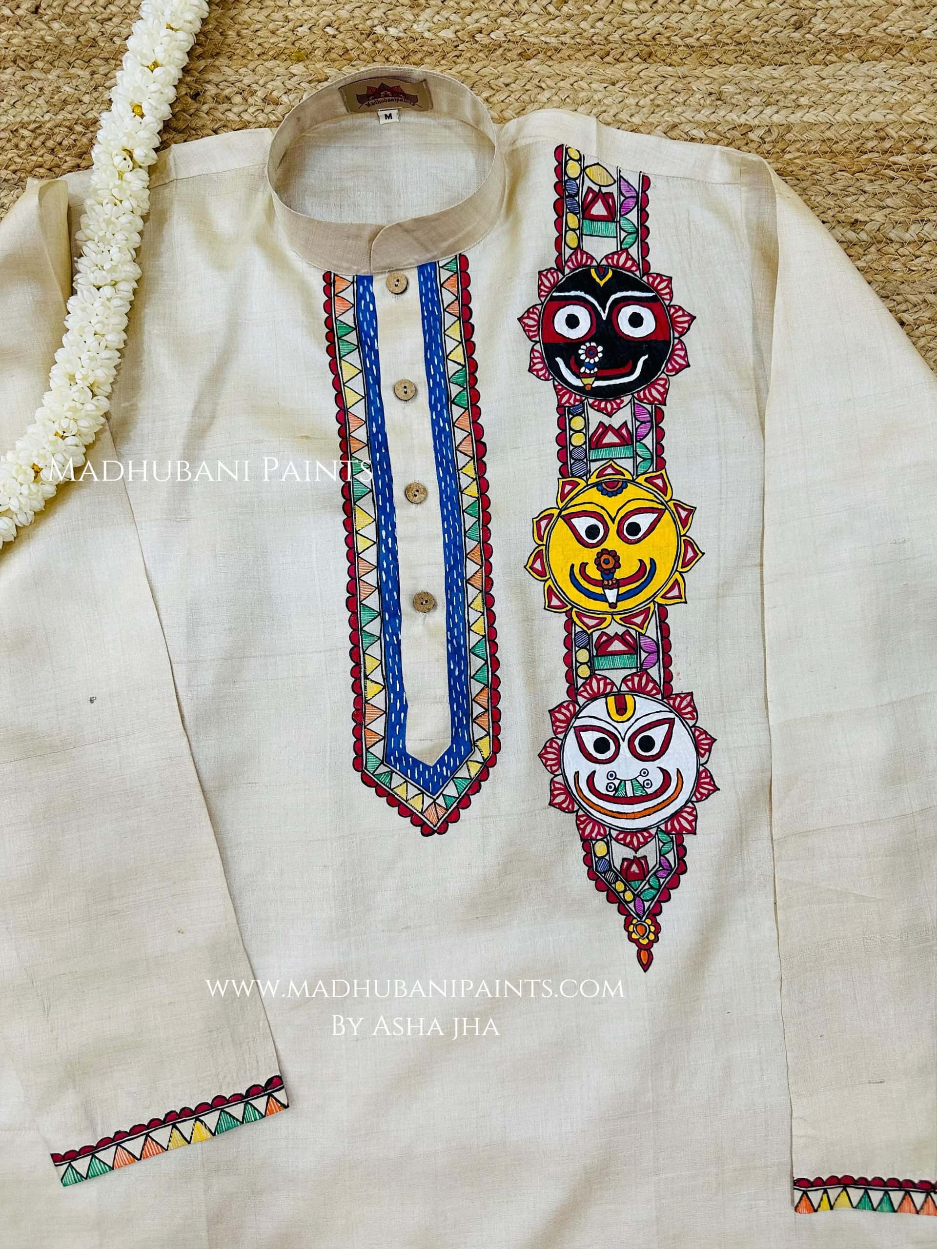 Lord Jagannatha, Subhadra and Balabhadra Hand-painted  Madhubani Men's Tussar Silk Kurta — image 3 of 5