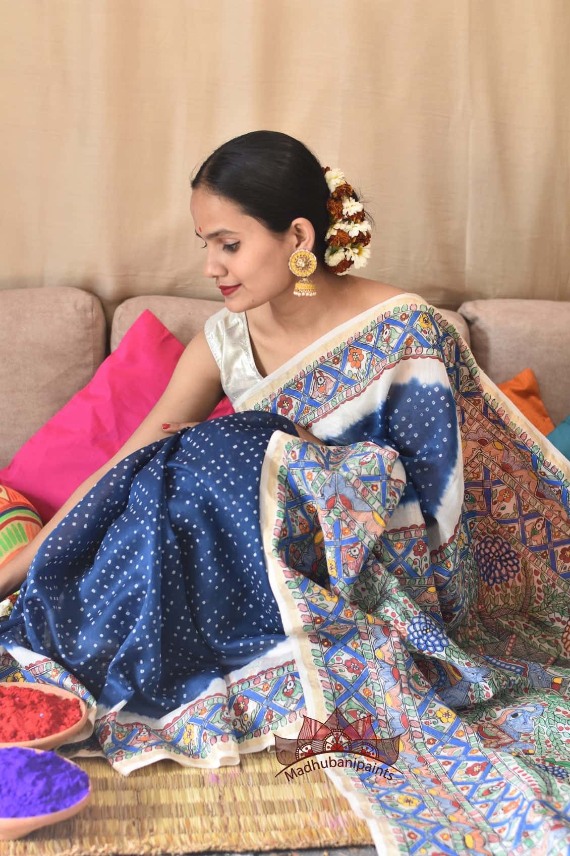 Neeli Vrindavan Bandhej Hand Painted Saree