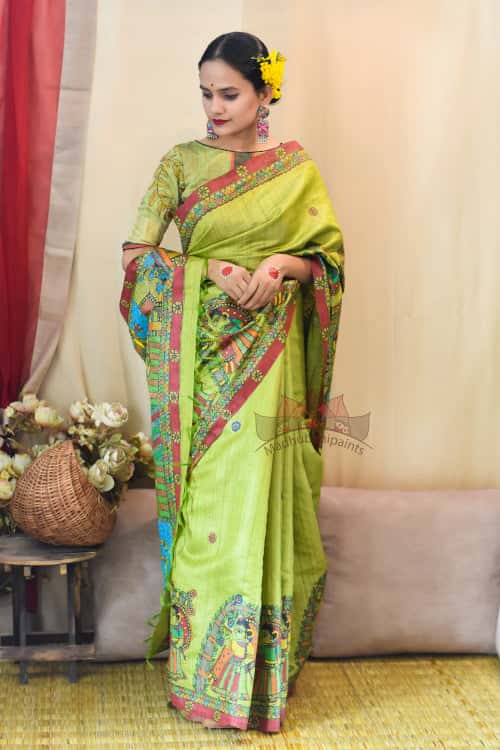'VISHNU LEELA' Handpainted Madhubani Tussar Silk Saree — image 4 of 4