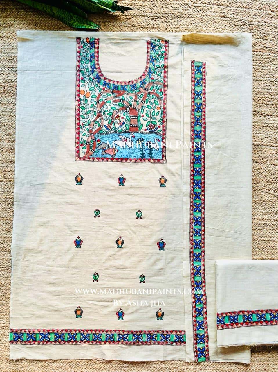 Prakriti Hand-painted Madhubani Painting Cotton Unstitched Kurta Pant Dupatta Set — image 3 of 3