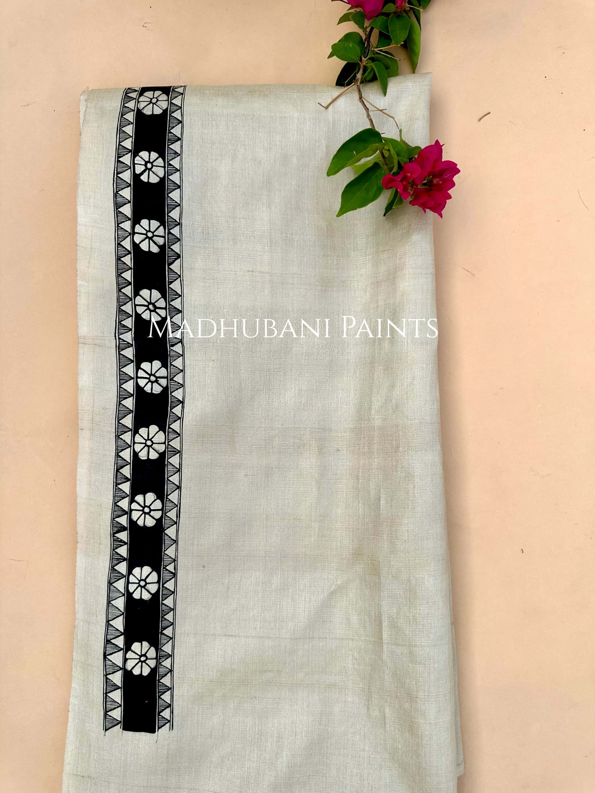 Black Phool Bharni Handpainted Unstitched Tussar Silk Kurta Pant Dupatta Set — image 2 of 3